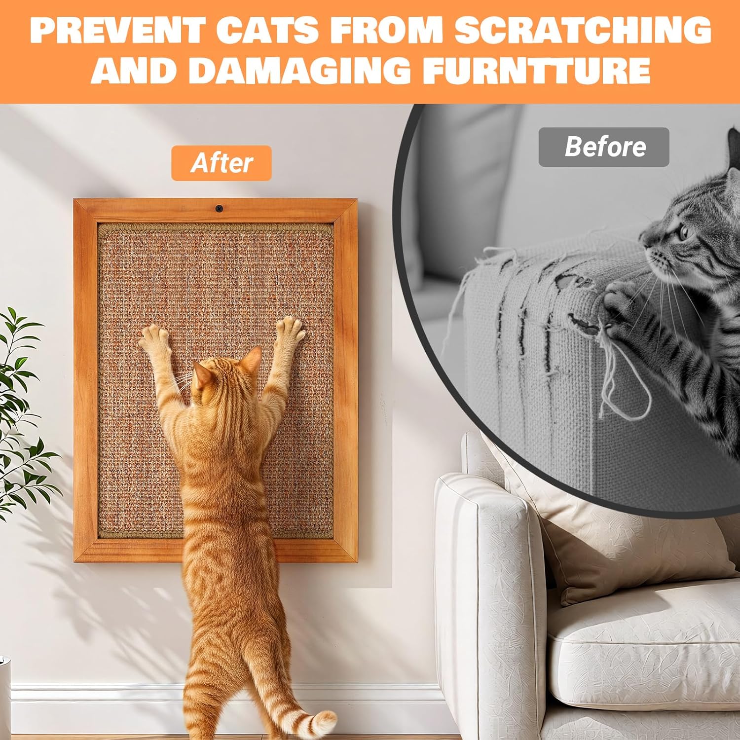 Extra Large Wall Mounted Cat Scratching Post, Wooden Sisal Panel Scratcher, Natural Wood Frame with Durable Sisal Rope Surface for Cats, Protects Furniture from Scratching