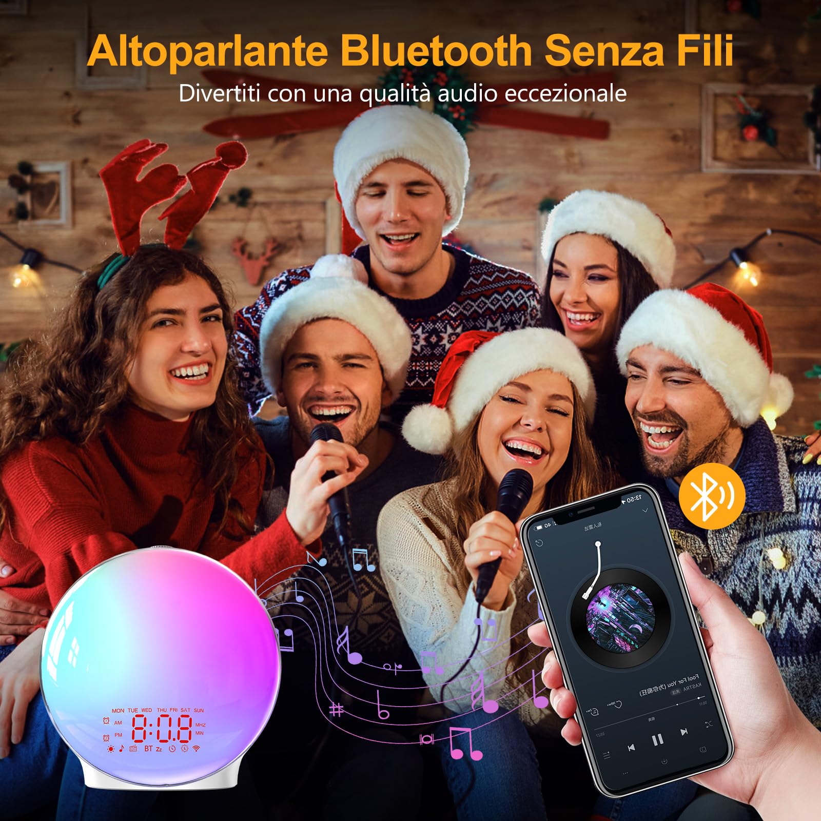 Sveglia Alba Bluetooth, Wake up Light Luce Sveglia,Sveglia da Comodino | Simulazione Alba/Tramonto, Doppio Allarme, 17 Colori, 22 Suoni Naturali, Snooze, Radio FM, Controllo Rullo