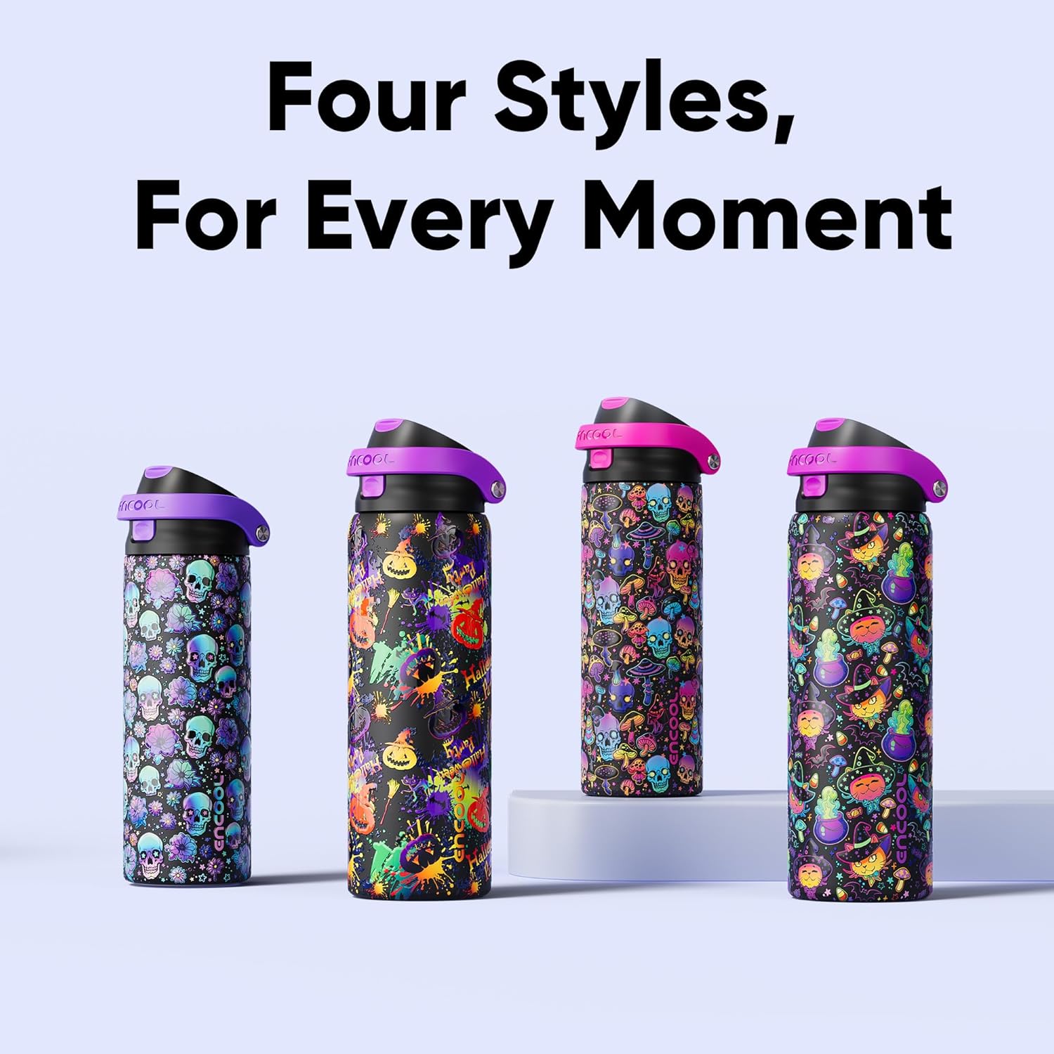 Encool SwiftSip Insulated Stainless Steel Water Bottle with Straw - Leak Proof Sports Water Bottle for School, Travel, Keeps Cold All Day, One-Touch Flip Lid, BPA-Free, 24 oz, Ghost Party - Image 9