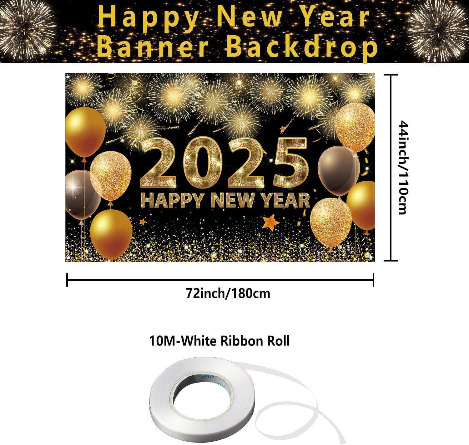 Happy New Year Banner 2025 - Extra Large 73x43 Inch Black and Gold Backdrop, New Years Eve Decorations and Party Supplies - Image 2