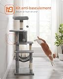 Feandrea Cat Tree Tower, 143 cm Multi-Level Plush Cat Condo with 4 Scratching Posts, 2 Perches, Cave, Hammock, Pompoms, Light Grey PCT161W01 - 8