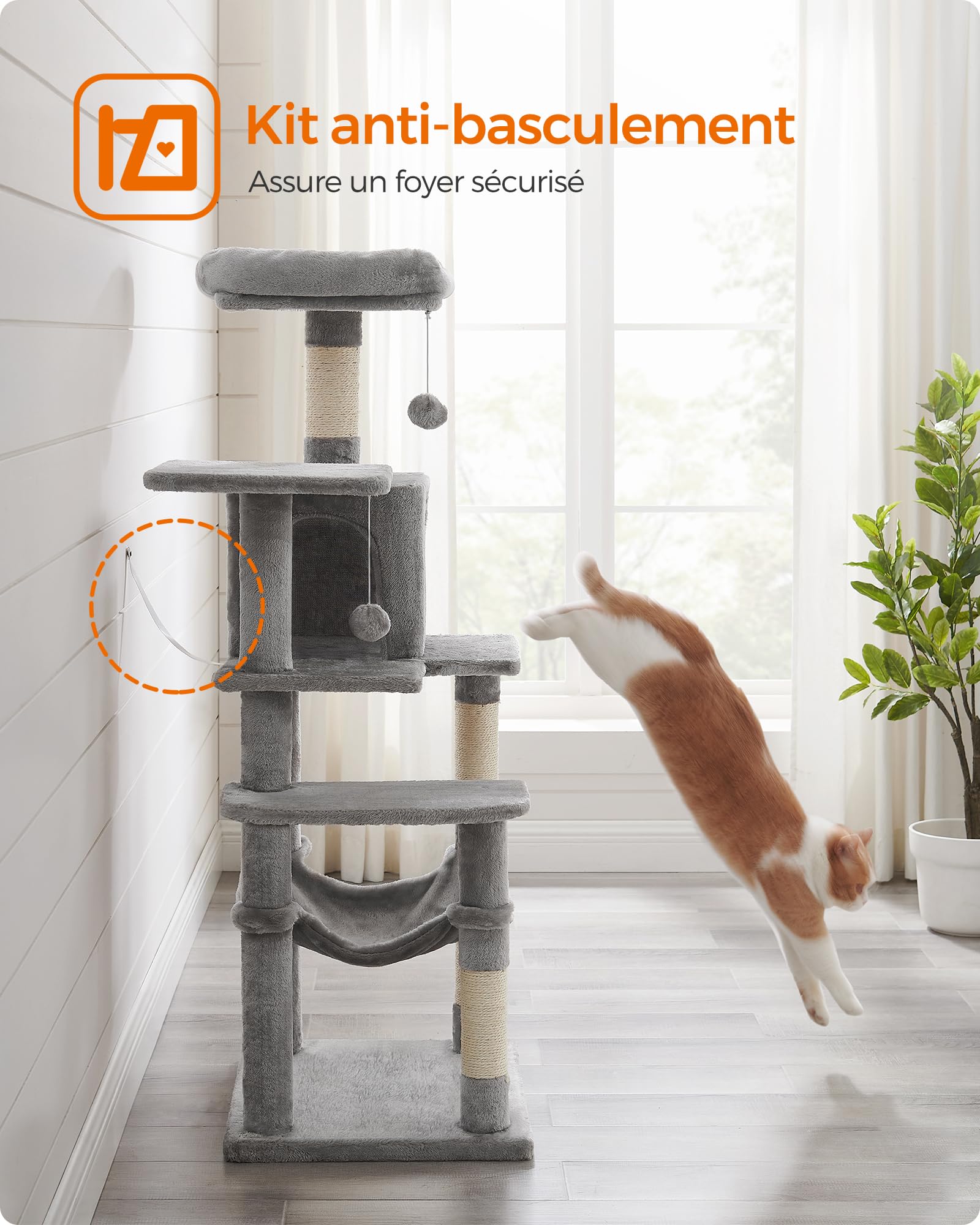 Feandrea Arbre à Chat Hauteur 143 cm, Tour de Jeux pour Chats, avec 4 Poteaux à Griffer, 2 Plateformes, 1 Niche, 1 Hamac, 2 Pompons, en Tissu Peluche, Multi-Niveaux, Gris Clair PCT161W01