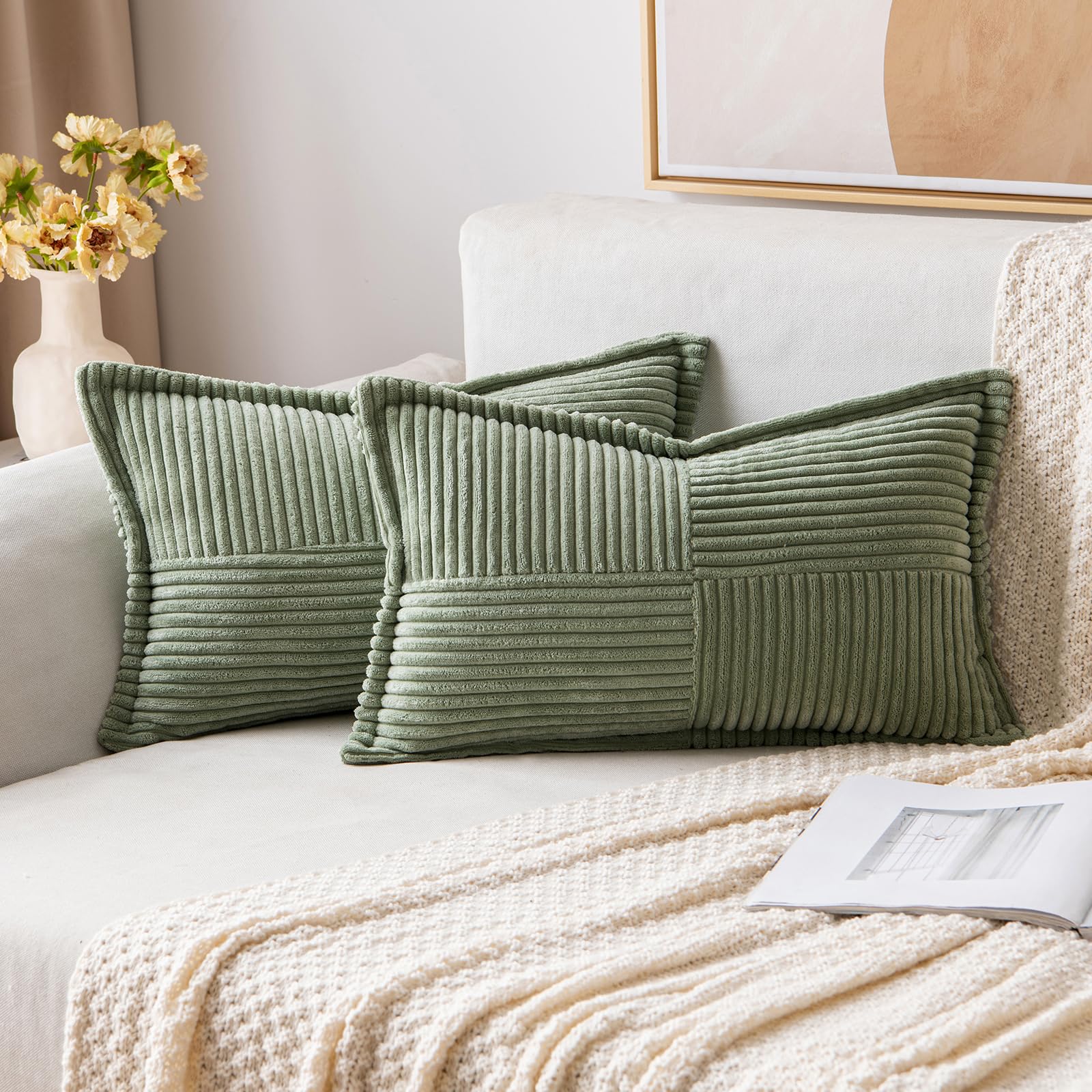 MIULEE Decorative Lumbar Throw Pillow Covers for Couch Bed Livingroom 12x20 Inch Set of 2 Light Olive Green Boho Accent Throw Pllows Broadside Striped