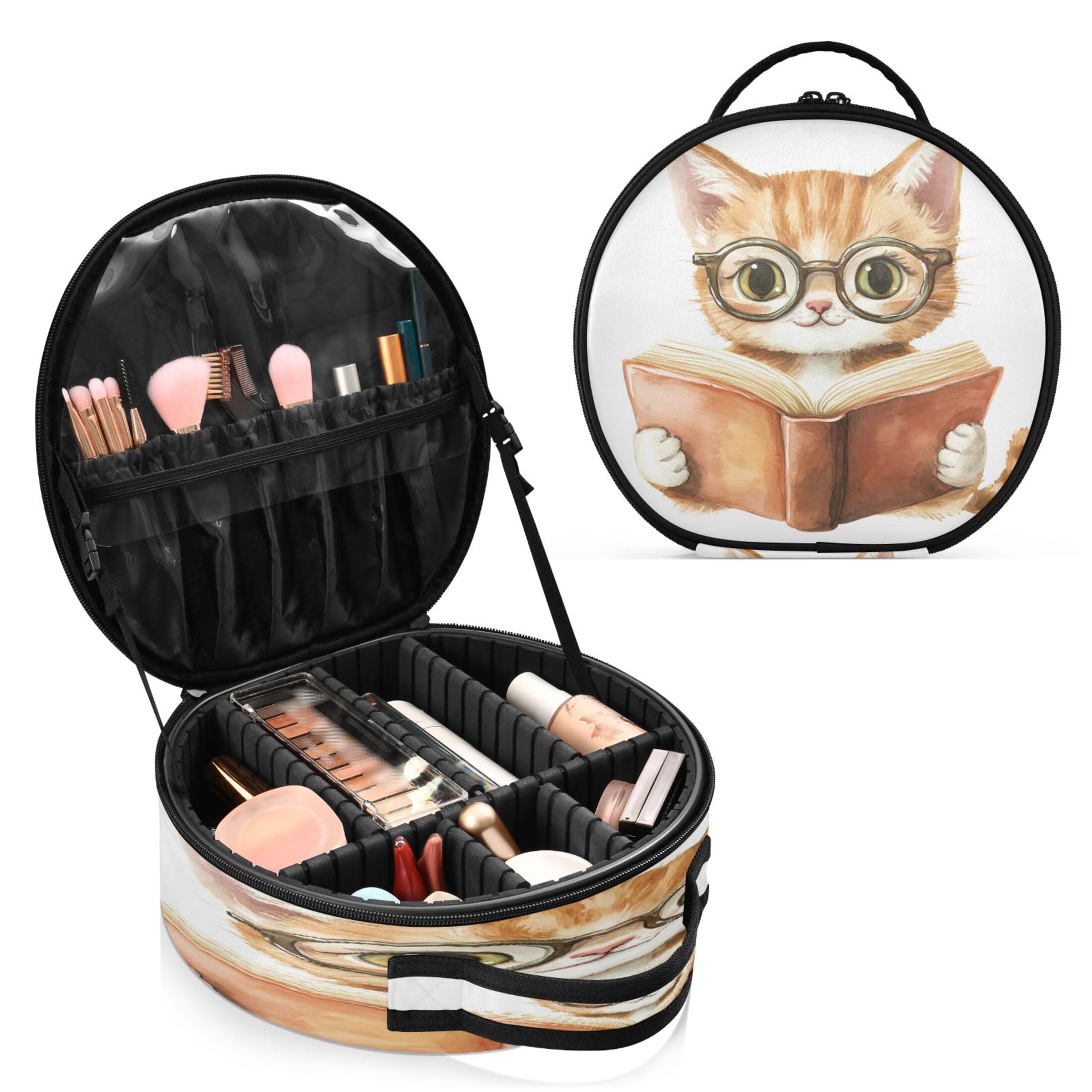 Takiito Cartoon Cat with Glasses Travel Makeup Case Portable Makeup Box Artist Cosmetic Case Organizer With Adjustable Dividers