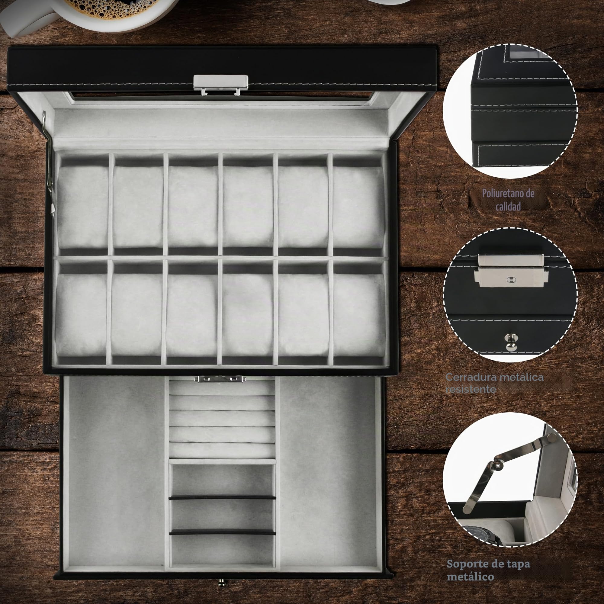 Ogrmar Cajas de almacenamiento de relojes de piel sintética con 12 ranuras, caja de almacenamiento de joyería para hombres y mujeres, organizador de 2 niveles con tapa de vidrio