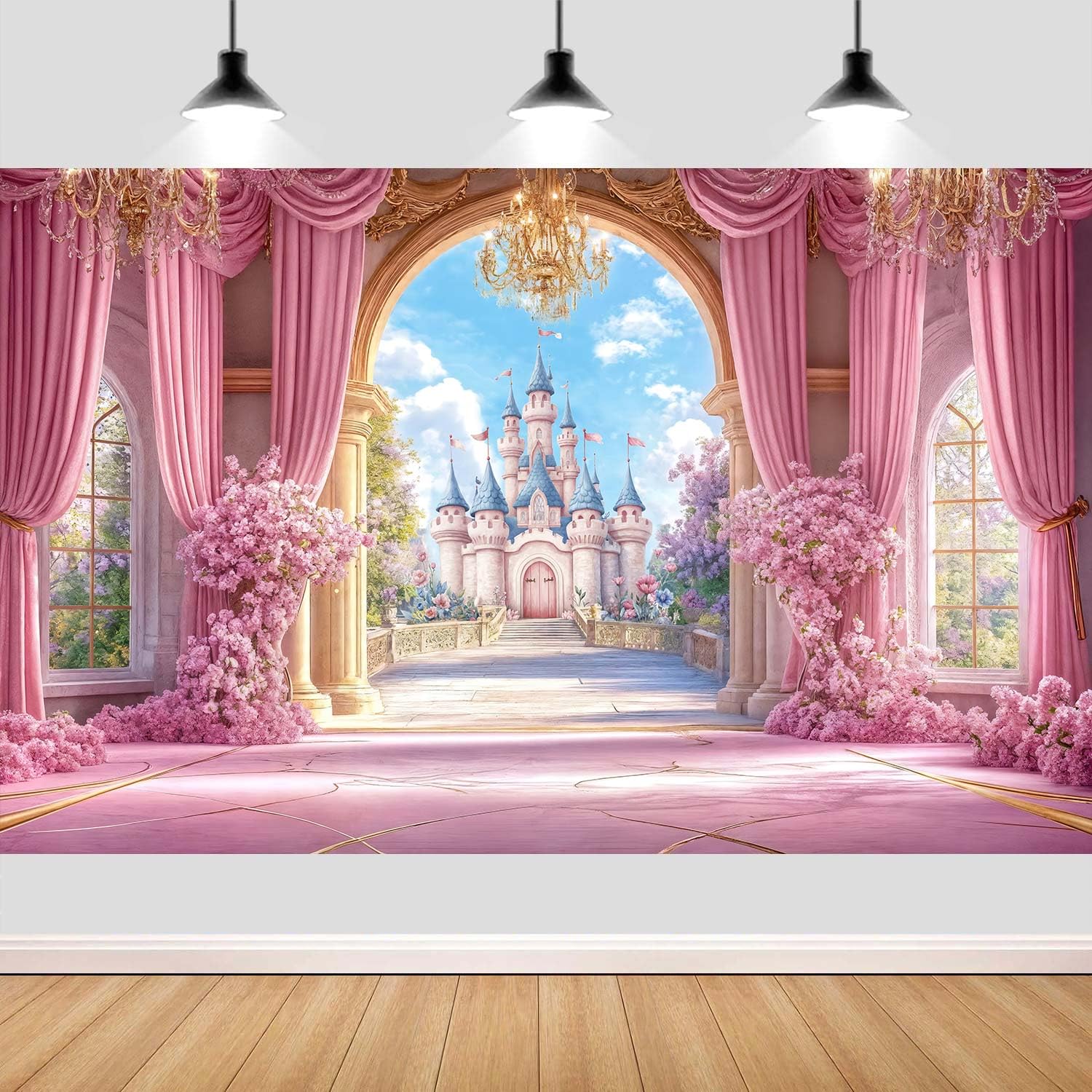 Photo 1 of 10X8ft Princess Castle Backdrop Pink Fairy Tale Wonderland Floral Arch Girls Birthday Party Wedding Baby Shower Banner Studio Photo Booth Kids Photoshoot Wall Decor Banner