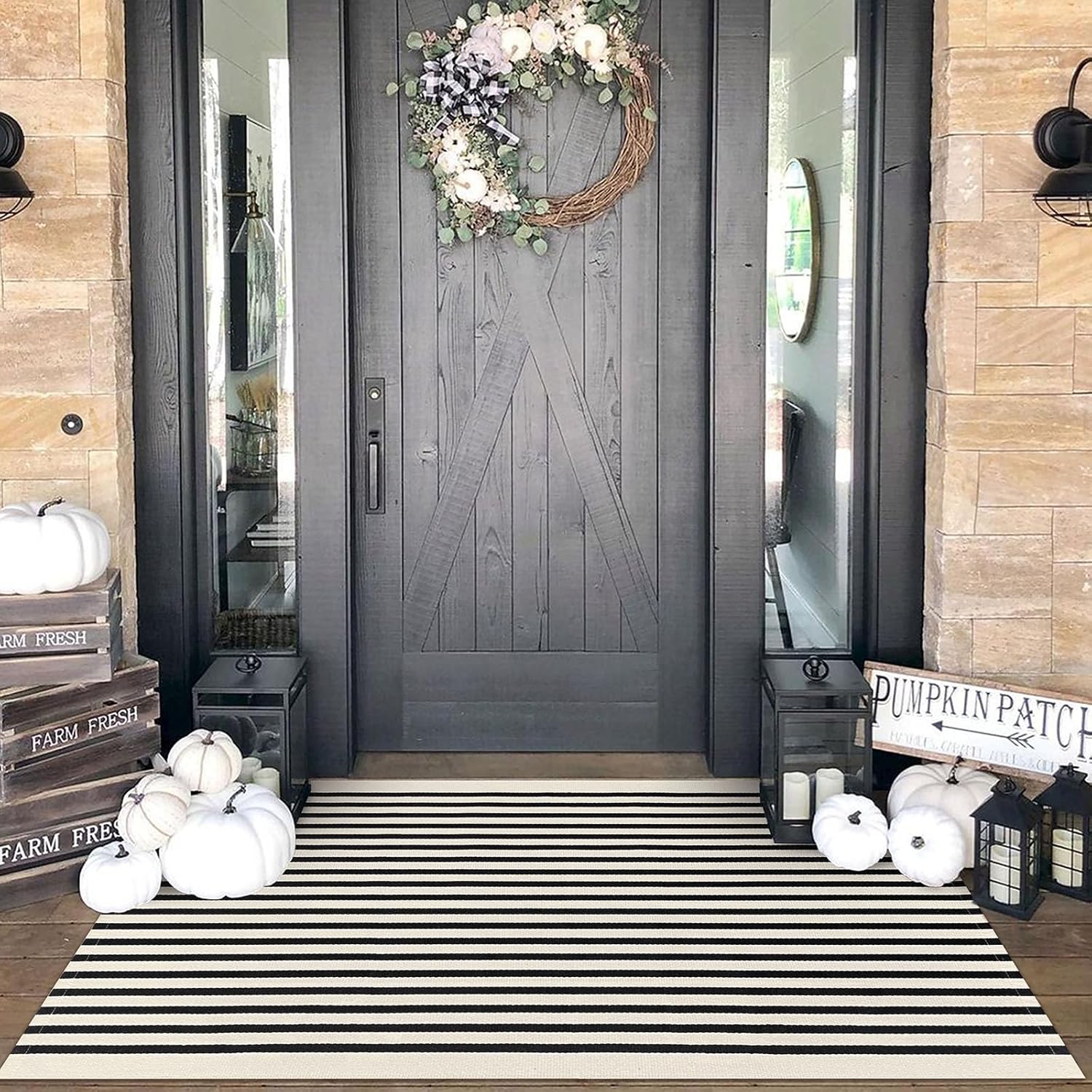 KOZYFLY Black and Beige Striped Rug 4x6 Ft Area Rug Washable Indoor Outdoor Rug Cotton Door Mat for Double Front Door Entryway Patio Porch Living Room Carpet