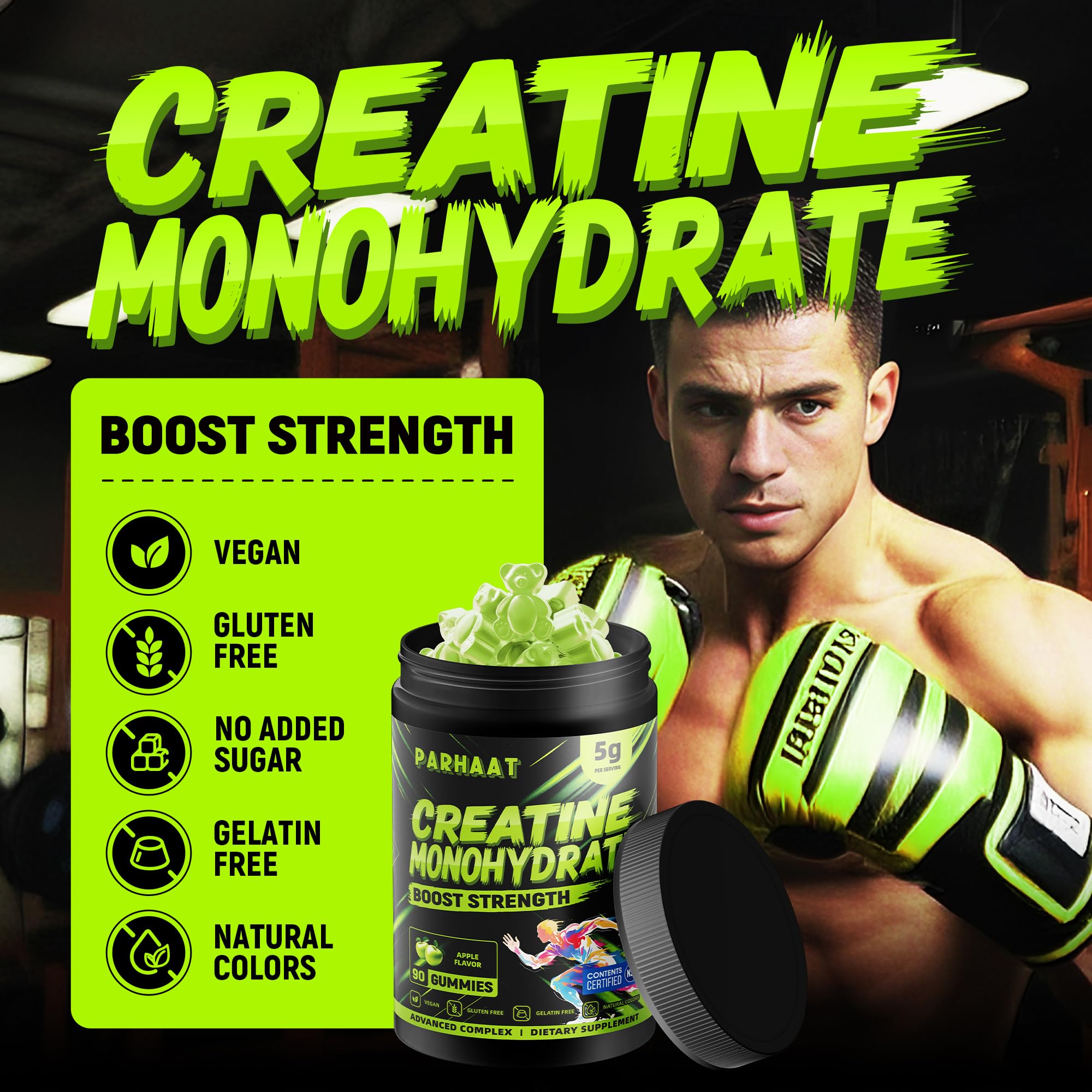 NSF Certified Creatine Gummy - Creatine Monohydrate Gummies 5g for Men & Women - Boost Focus,Strength, and Endurance, Vegan, Gluten-Free, Non-GMO, 2.5 Gram Creatine per Gummy (Apple 90 ct) — Amazon image 3