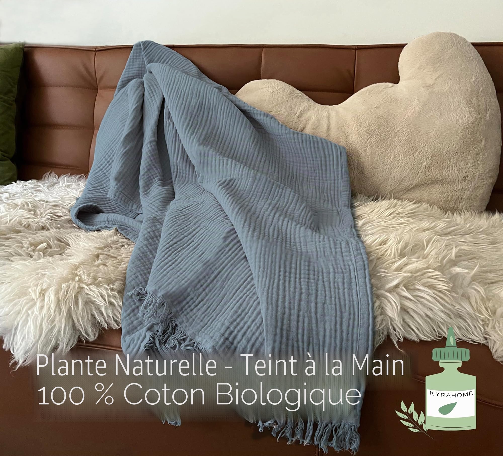 KyraHome Couverture en Mousseline 100% Coton Bio pour canapé, Adulte, prélavée, Teinture végétale, Respirante, légère, en Gaze Douce pour Femme, Toutes Saisons, 140 x 152 cm, Bleu Ardoise