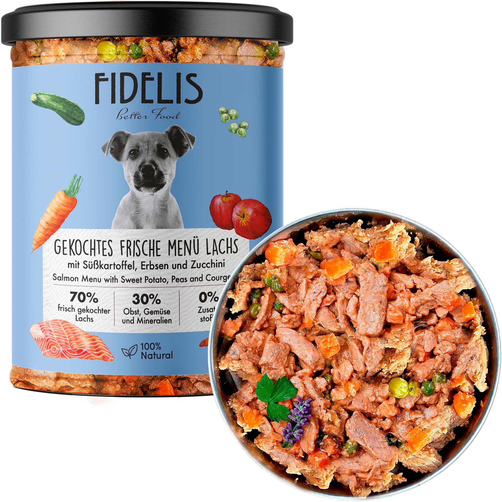 Fidelis  Gekochtes Frische-Men mit Lachs, Skartoffel, Erbsen & Zucchini  (6 x 400g Glas)  Hundefutter nass mit 70% Fischanteil & frischen Zutaten   Nassfutter ohne Zustze & ungekhlt haltbar : Amazon.de: Haustier