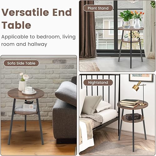 Miniatura 17 de Giantex Mesa auxiliar redonda, mesa de noche de 2 niveles con estante de almacenamiento abierto y marco de metal triangular resistente, mesa
