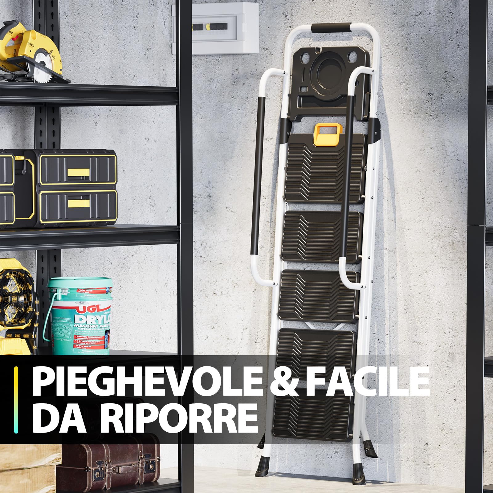 KINGRACK Scaletta 5 Gradini, Scala Pieghevole Portata 150 kg, con Blocco di Sicurezza, Vaschetta Portaoggetti, Ampio Pedale Antiscivolo, Corrimano, Scala Domestica per Casa Giardino Pittura, Bianco