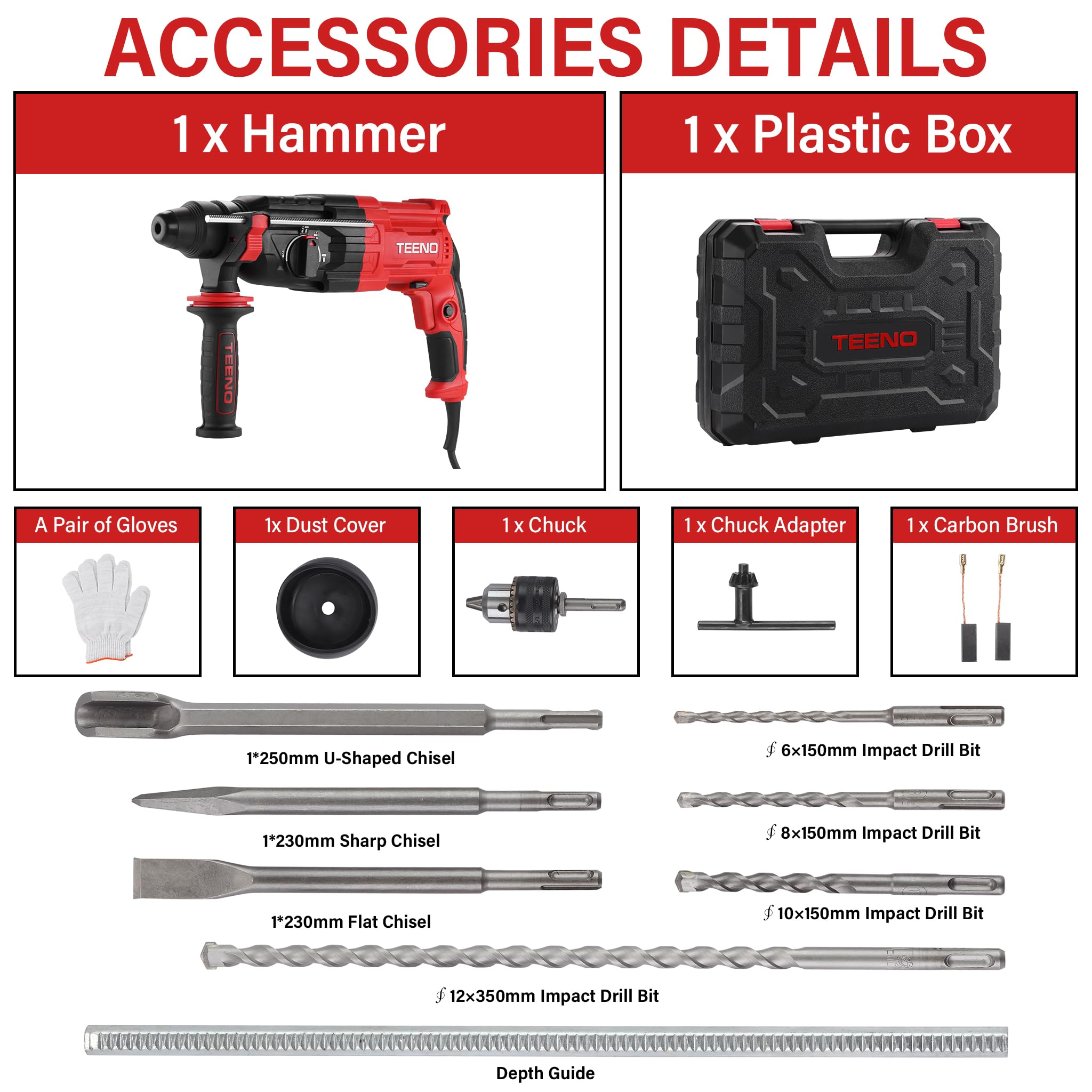 TEENO Marteau Perforateur Filaire SDS Plus 950W avec 17 Accessoires, Marteau Perforateur 0-1150RPM/5100BPM avec 4 Fonctions et Embrayage de Sécurité,Vitesse Variable,Béton, Acier, Bois