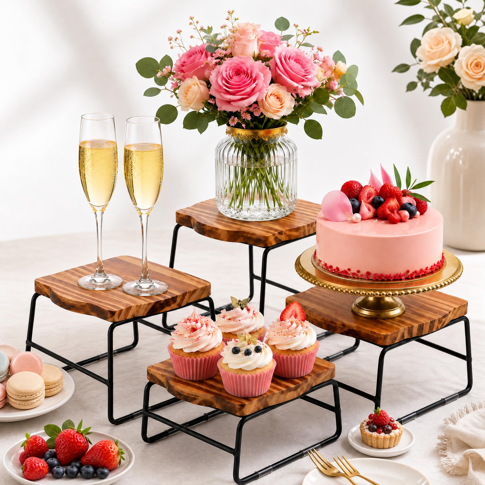 ZENFUN Lot de 4 rehausseurs de buffet en bois, rehausseurs de table à dessert, support de plat à pizza, support à cupcakes et rehausseurs en bois, plateau et support d'assiette