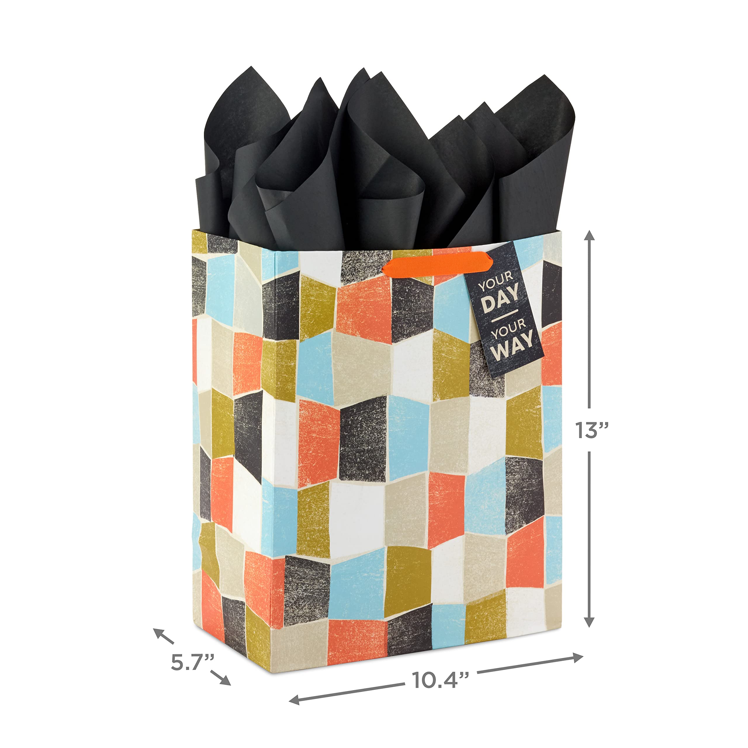 Hallmark Wrap 13" Large Gift Bag with Tissue Paper, 130, Orange, Blue, Green, Black