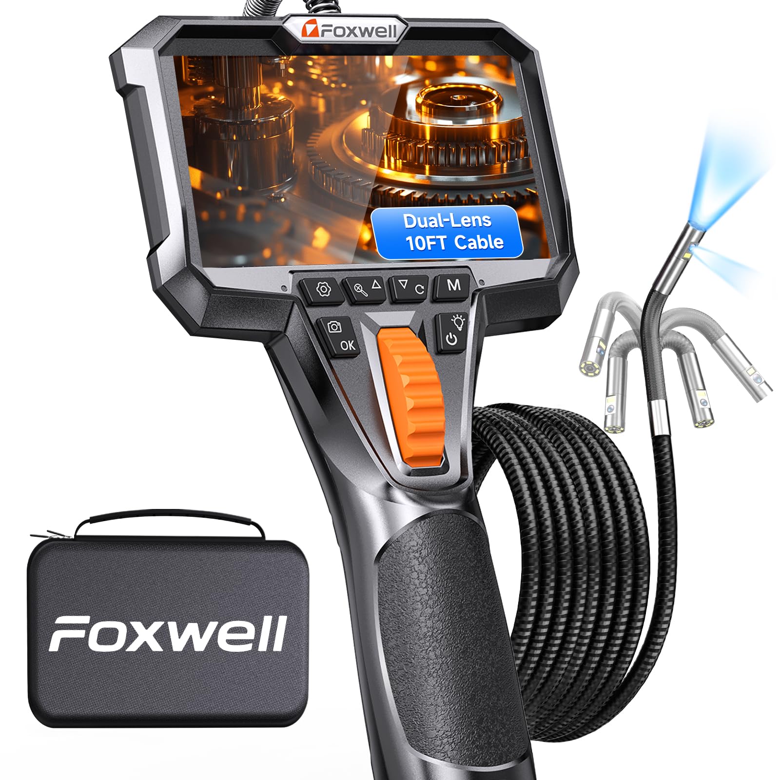 FOXWELL Dual Lens 220° Drehbar Endoskopkamera mit Licht, 3m 1080P Endoskop | IP67 Wasserdichtes Inspektionskamera, 7 LEDs, 32GB Karte, 3m Schwanenhals Endoskopkamera Beweglicher Kopf, 1080P HD Video
