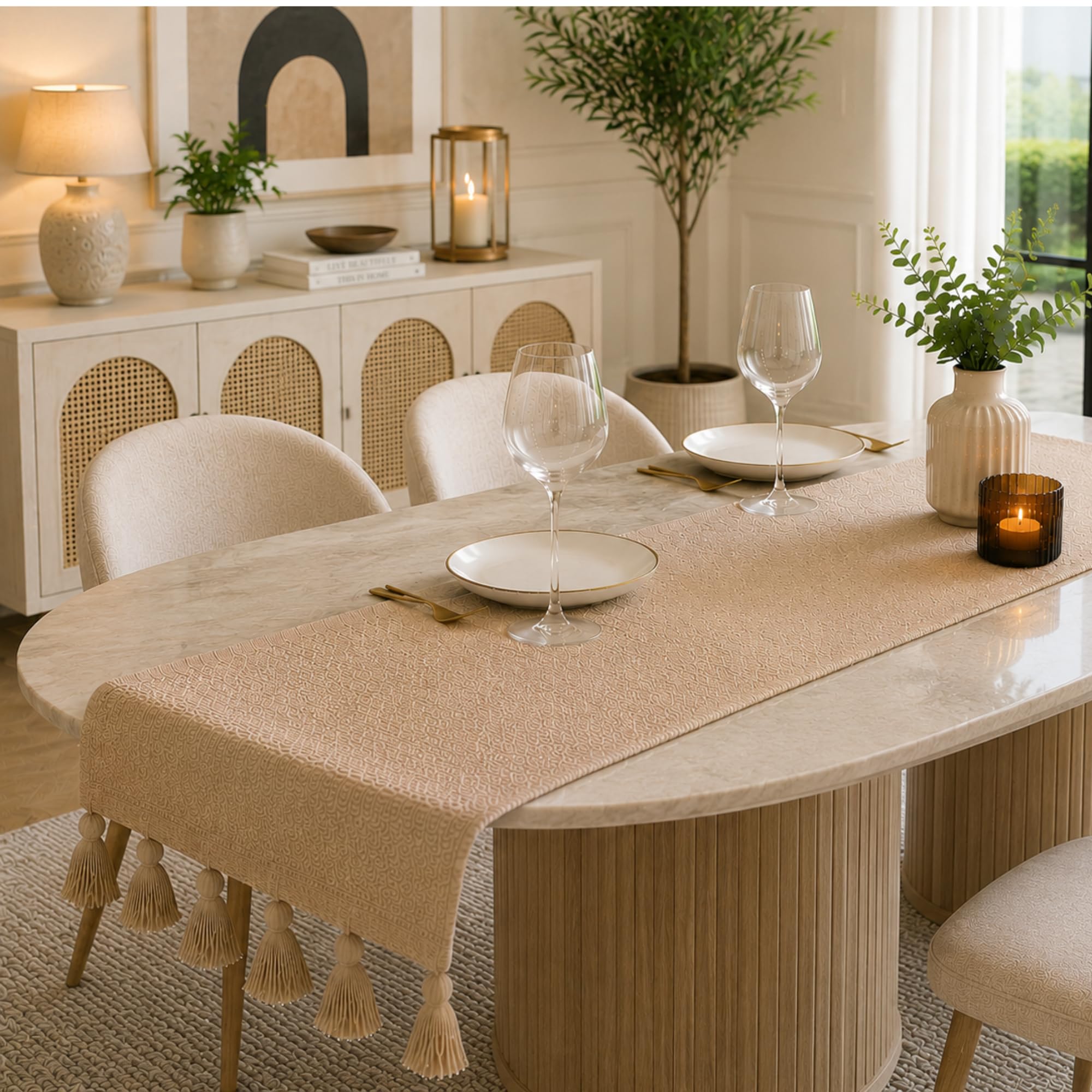 TARANTARAN Beige Kundan Cotton Table Runner 6 Seater Dining Table, Elegant Farmhouse Table Accent with Tassels-picture-12