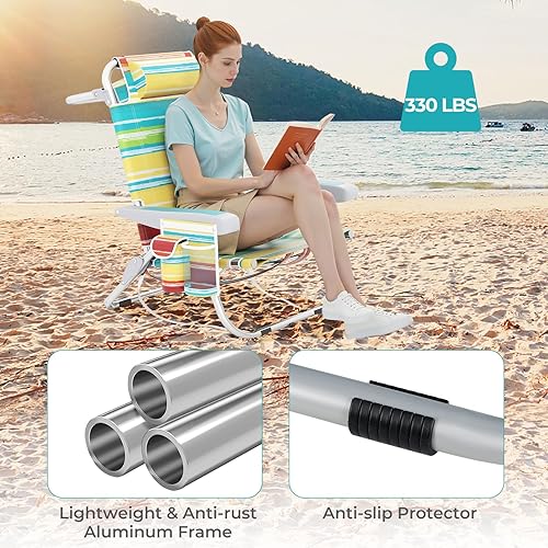 Miniatura 6 de Giantex Silla de playa tipo mochila, silla de camping plegable con 5 posiciones ajustables, soporte para tazas, bolsillos de almacenamiento,