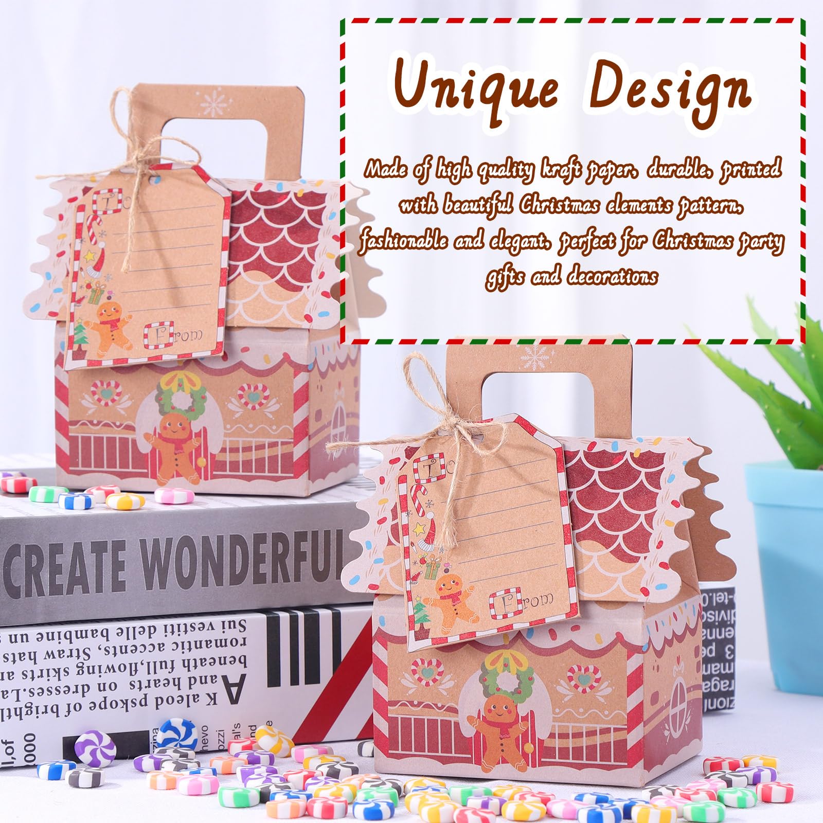 Lot De 50 Boîtes Cadeaux De Noël En Papier Kraft - Forme Maison, 10.5x7x5 Cm, Avec Corde De Chanvre - Pour Bonbons, Chocolats, Petits Cadeaux - 10