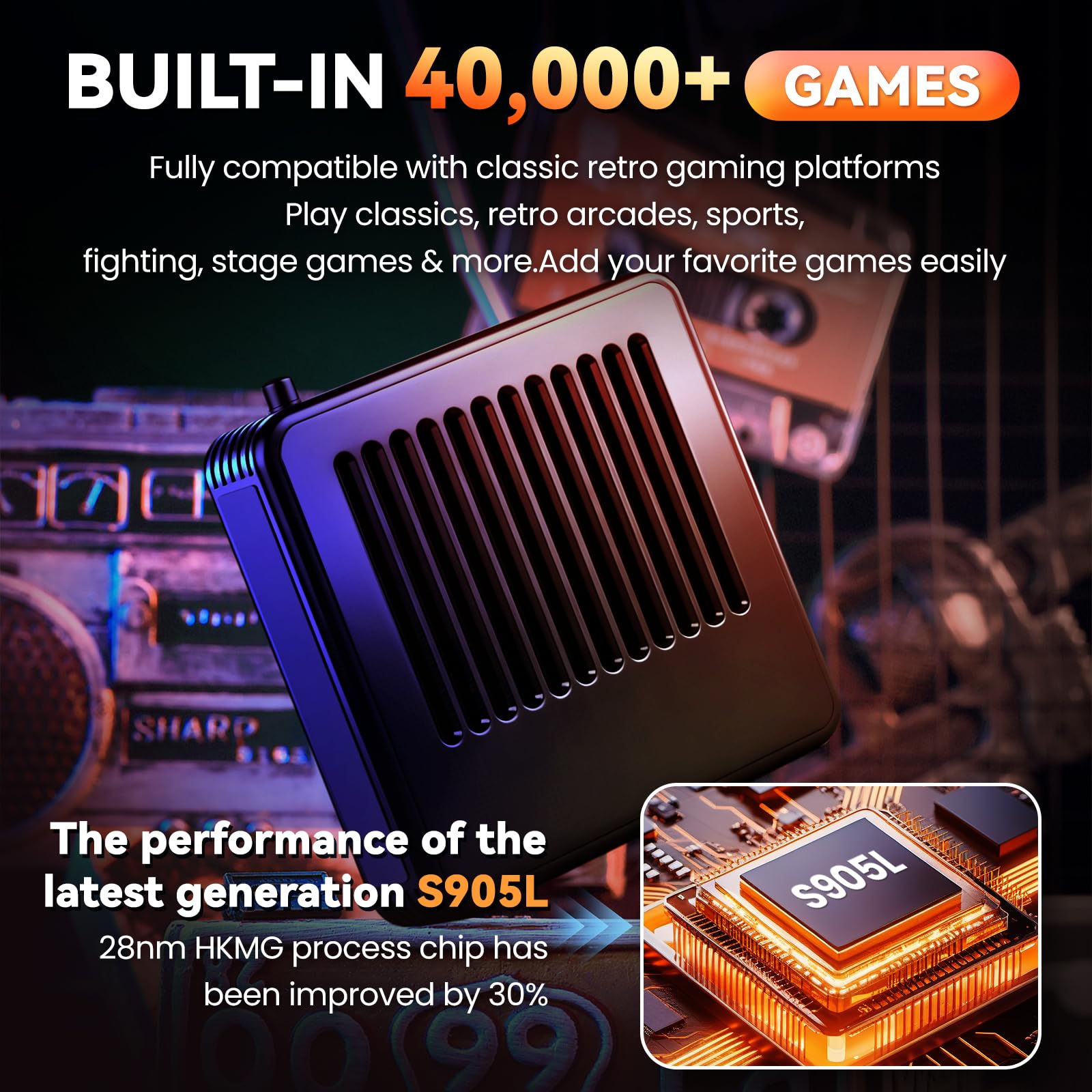 Retro Game Console - AUFGLO Retro Game Stick Over 40,000 Integrated Games, Over 50 Emulators, 4K Output, 2 Wireless Controllers