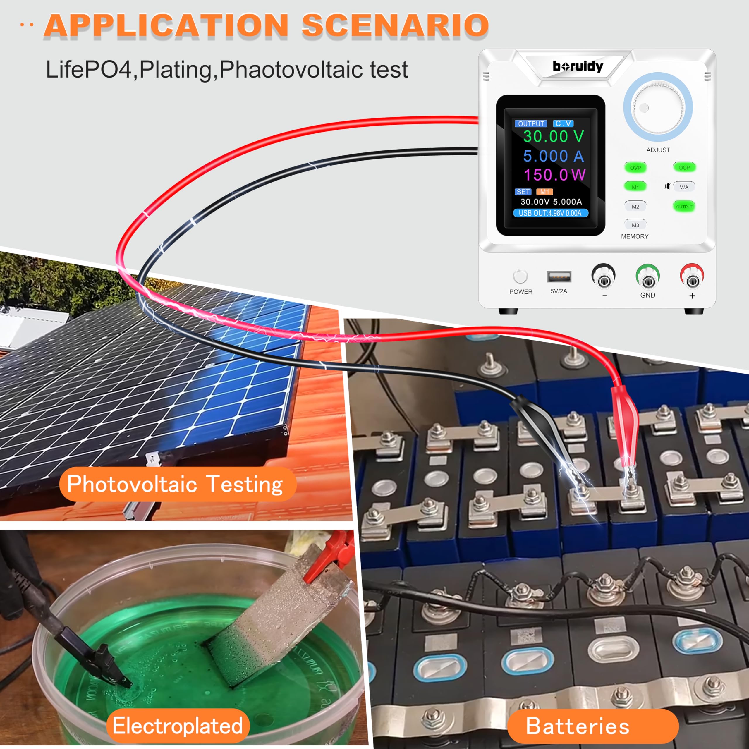 Alimentación de laboratorio ajustable 30 V 5 A boruidy 150 W codificador de alimentación estabilizada ajustable con memorias/salida/OCP OVP con carga rápida USB Pantalla en tiempo real y pantalla TFT