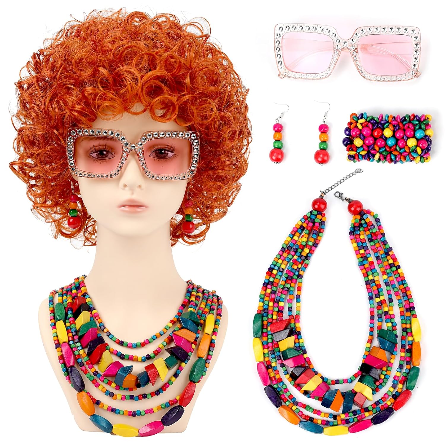 Women Roper Curly Orange Red Cosplay Wig with Necklace Earrings and Sunglasses for Women Hallween Costume Wig