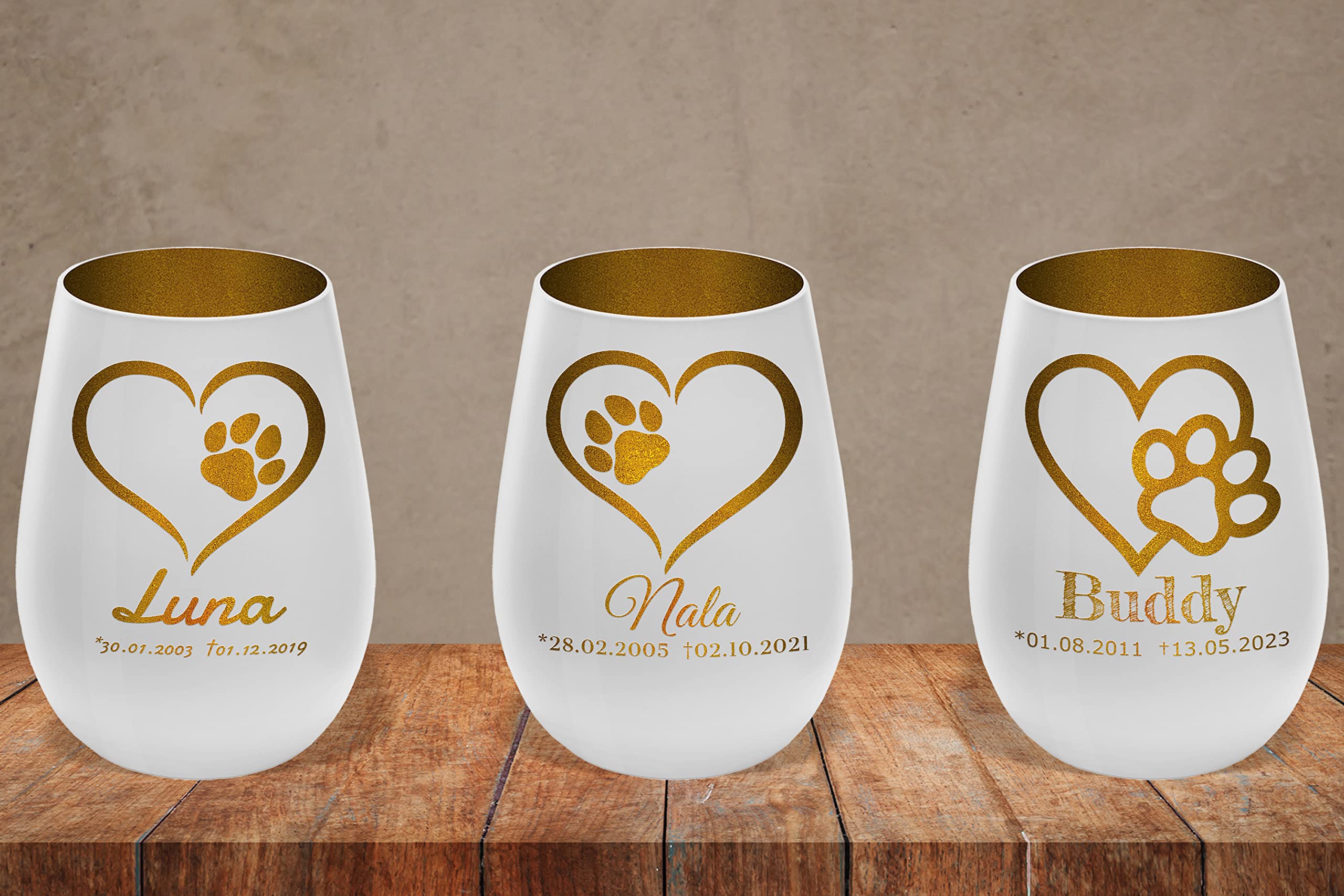 Trauerlicht Haustier mit Herzmotiv - Außen Weiß/Innen Gold - personalisierbar mit Name und Datum - Höhe 12 cm - Gedenklicht Windlicht Teelichthalter Hund Katze