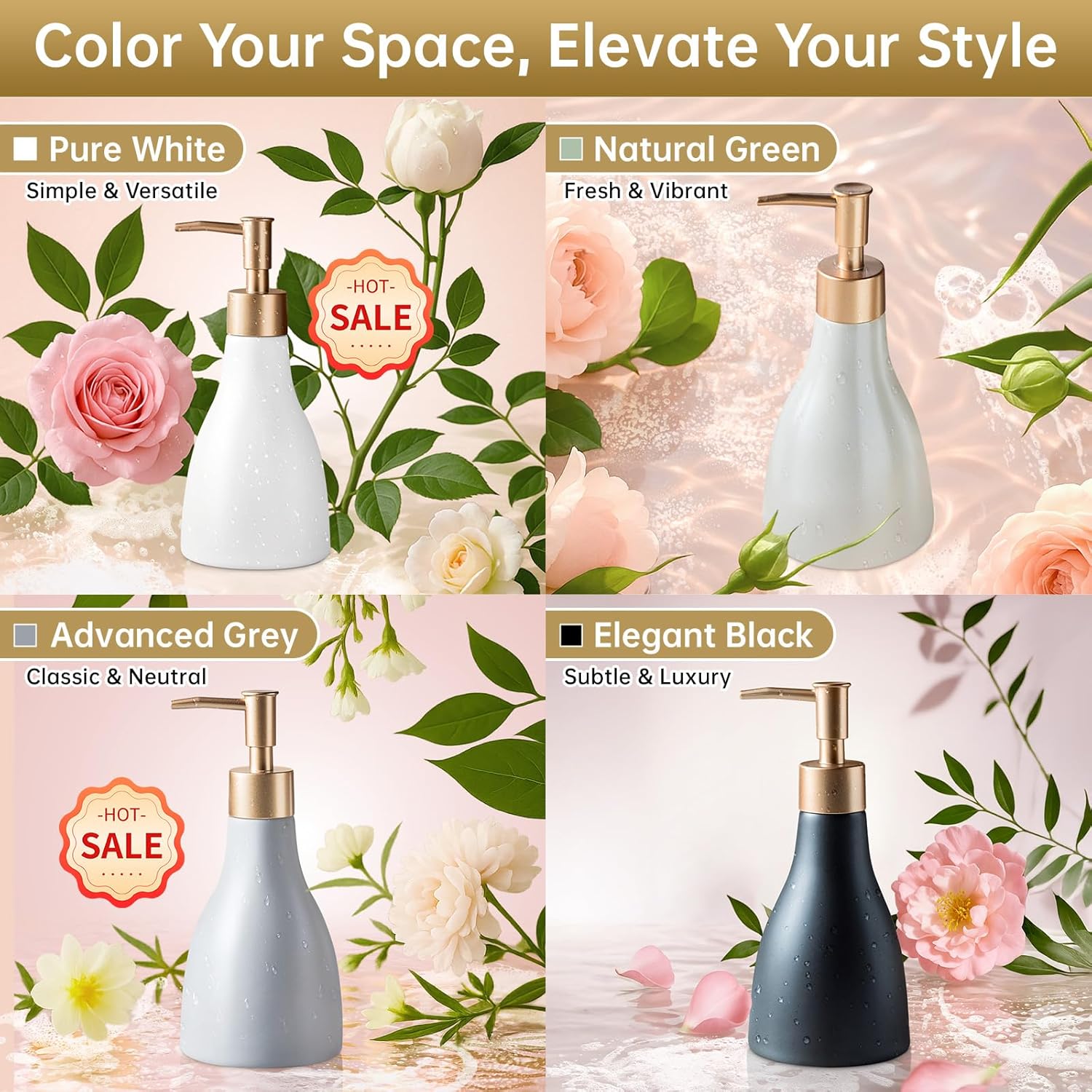 Gold Dispenser Bottle for Bathroom Countertop, Ceramic White Dish Soap Dispenser for Kitchen Sink Soap Pump Lotion, Modern Hand Soap Dispenser with Gold Pump for Liquid Laundry Shower 280ml - Image 4