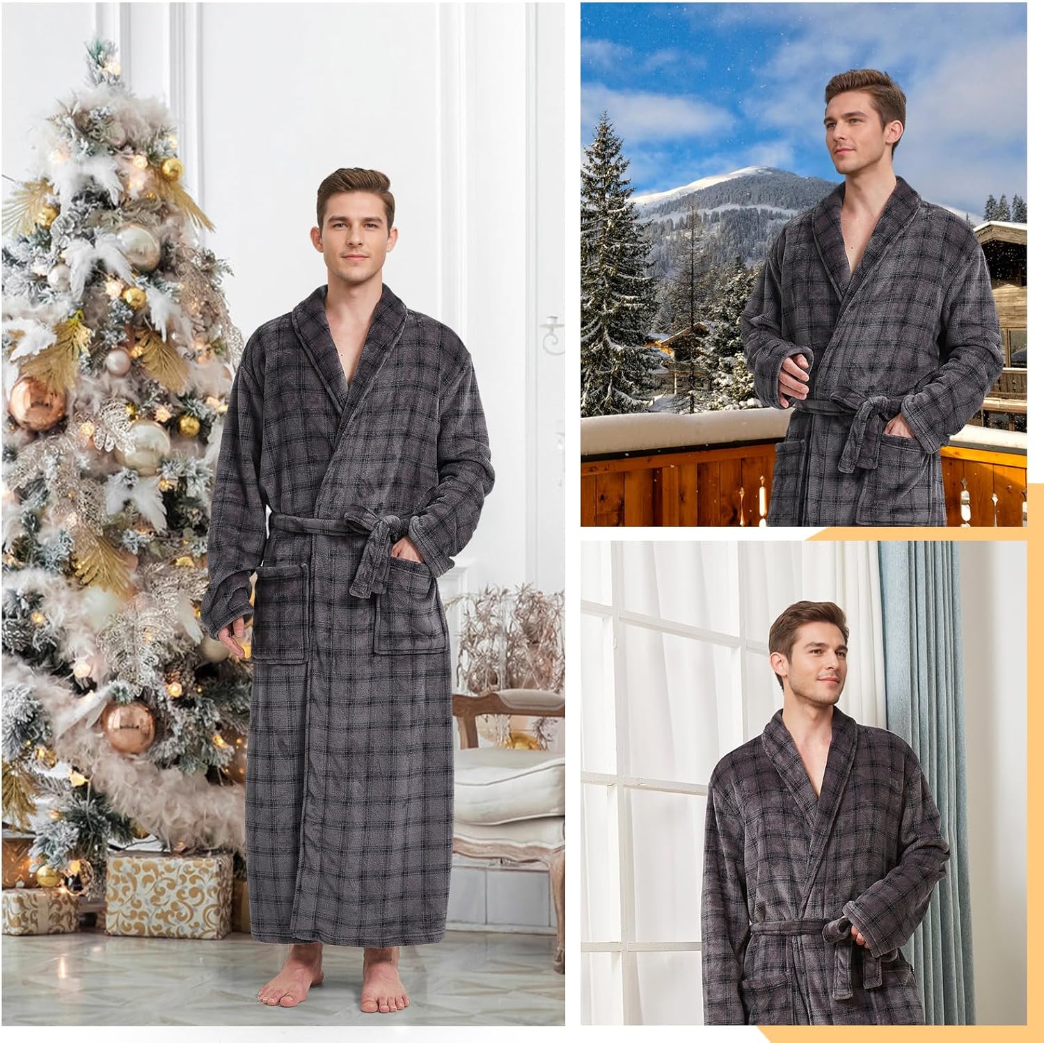 Men's Fleece Plush Bathrobe Full Length Big and Tall Shawl Collar Plaid Men Robe(Grey&Black, 5XL) - Image 5