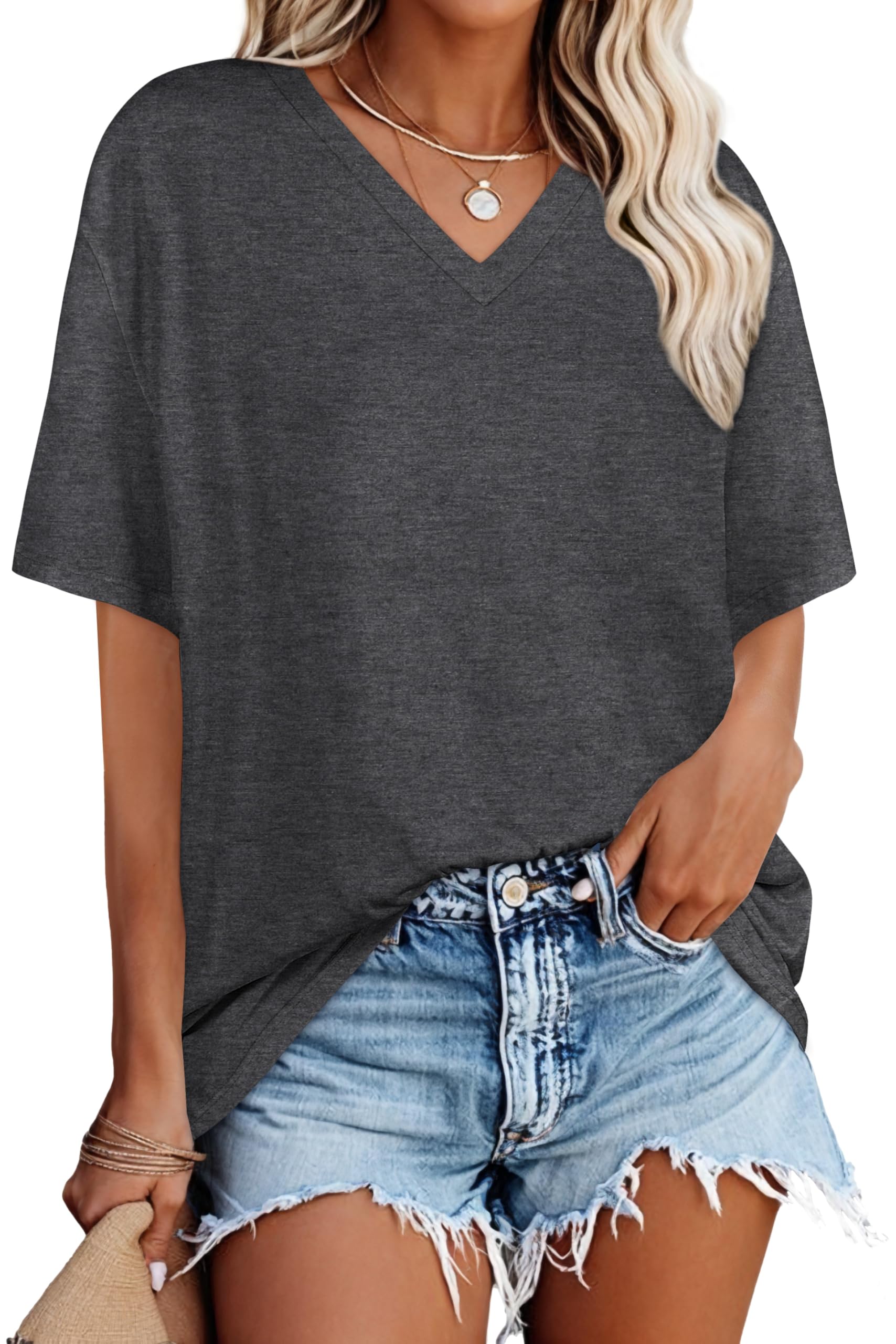 Tshirt Damen Oversize V Ausschnitt Blouse Sommer Basic Kurzarm Casual Lose | Elastischer und atmungsaktiver Stoff, Elegantes Kurzarmtop für Frauen, Casual Lockere Tunika Bluse für entspanntes Outfit