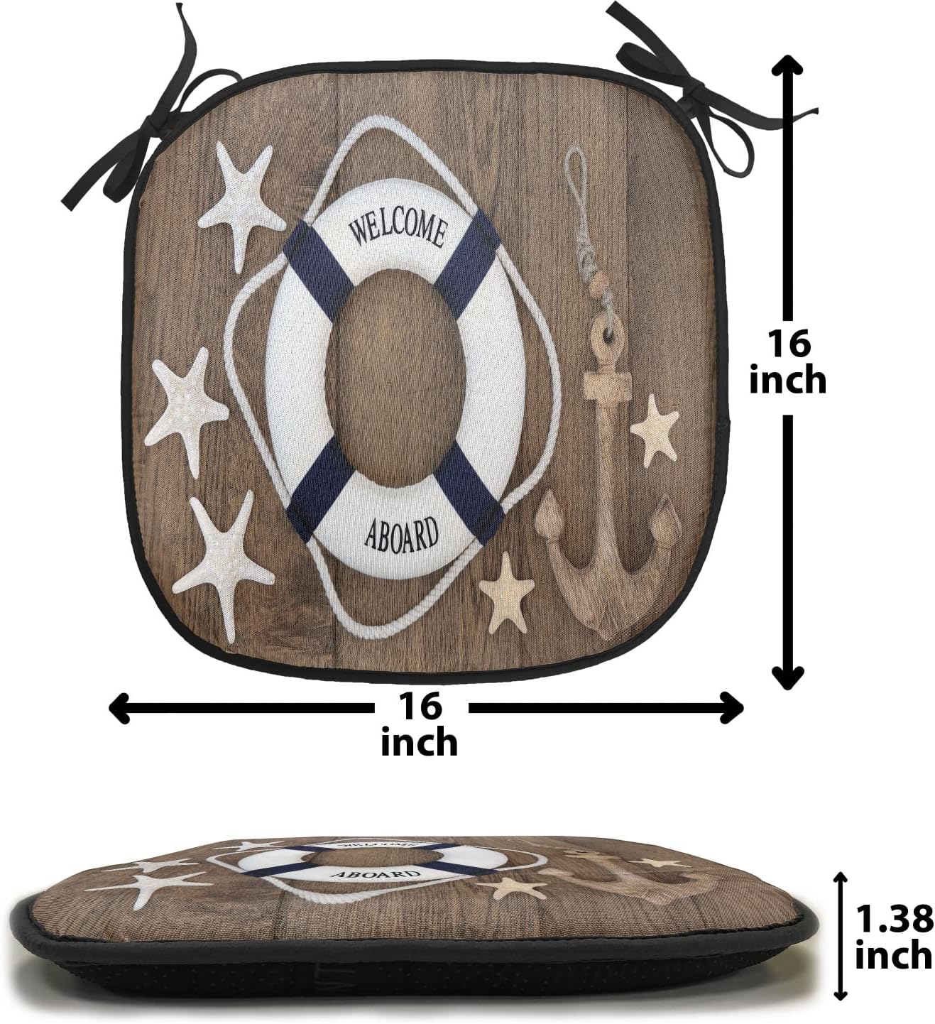 Lunarable Anchor Chair Cushion Pads Set of 2, Life Anchor Starfish Seashells Over Old Oak Background Marine Lifestyle, Anti-Slip Seat Padding for Kitchen & Patio, 16"x16", Brown Blue White