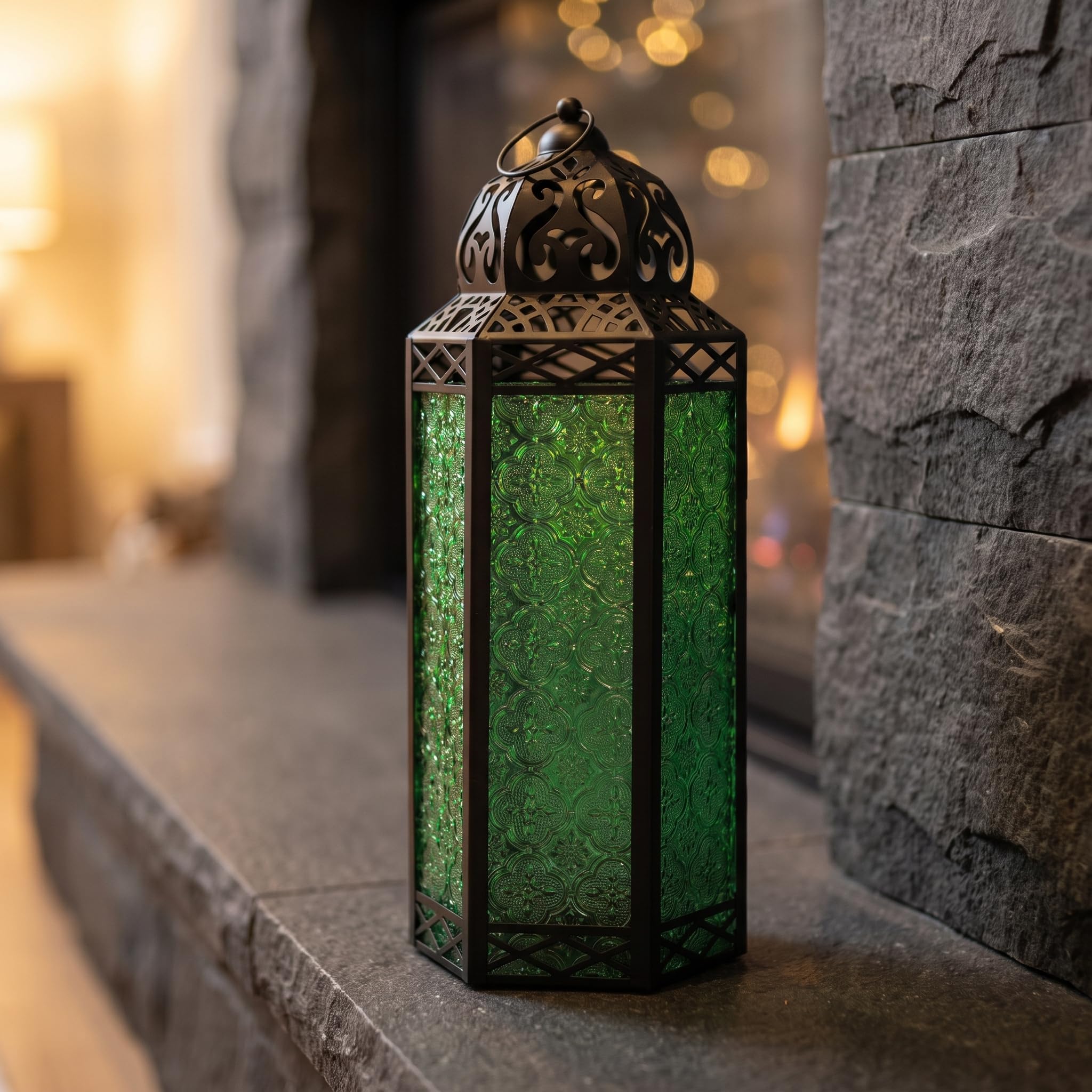 Lanterna decorativa marocchina in metallo nero, portacandela per interni ed esterni, decorazione per la casa, extra large, verde