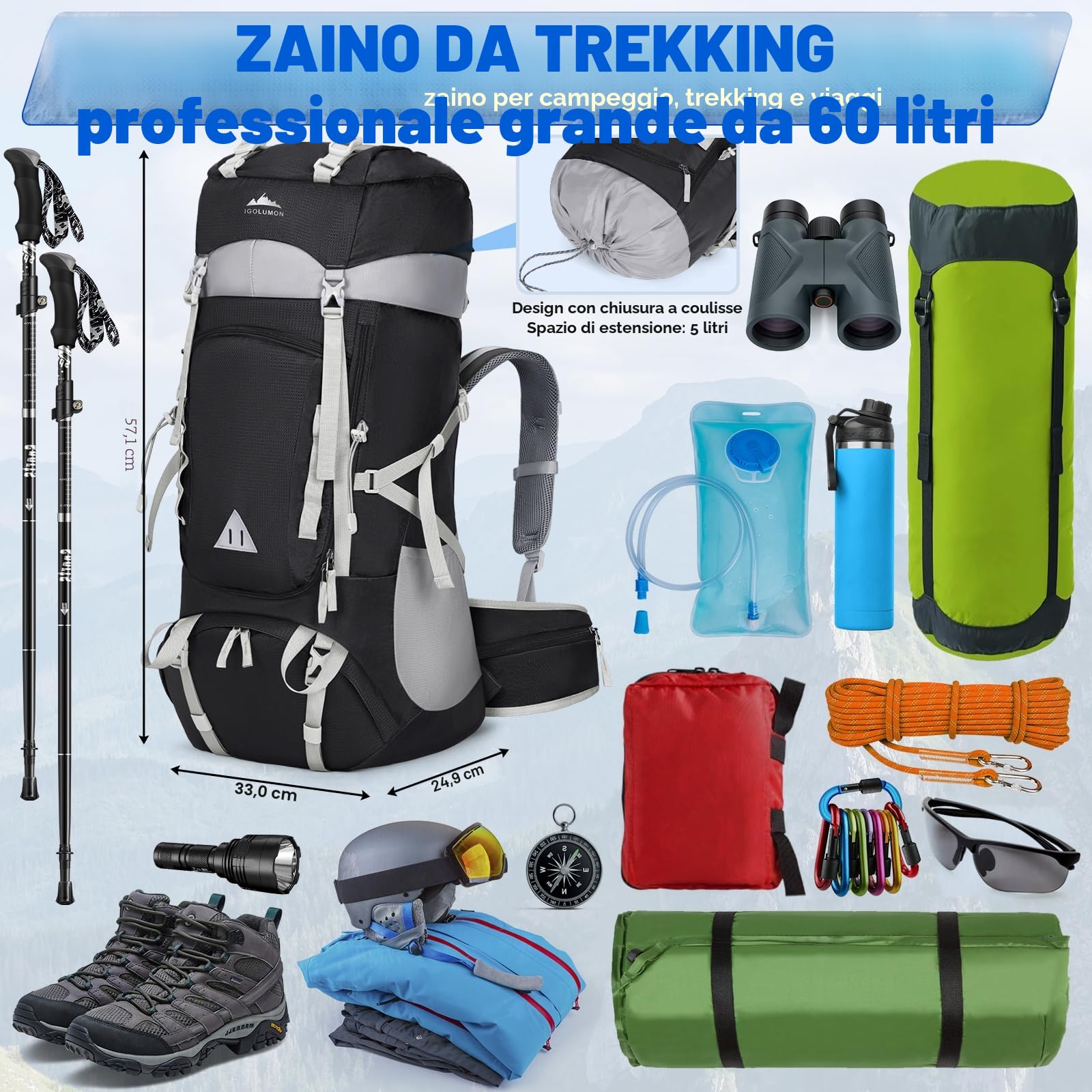IGOLUMON Zaino Trekking 60 Litri Zaino Montagna Zaini da Hiking con Copri Pioggia per Uomo Donna Zaino da Campeggio Viaggio Escursione