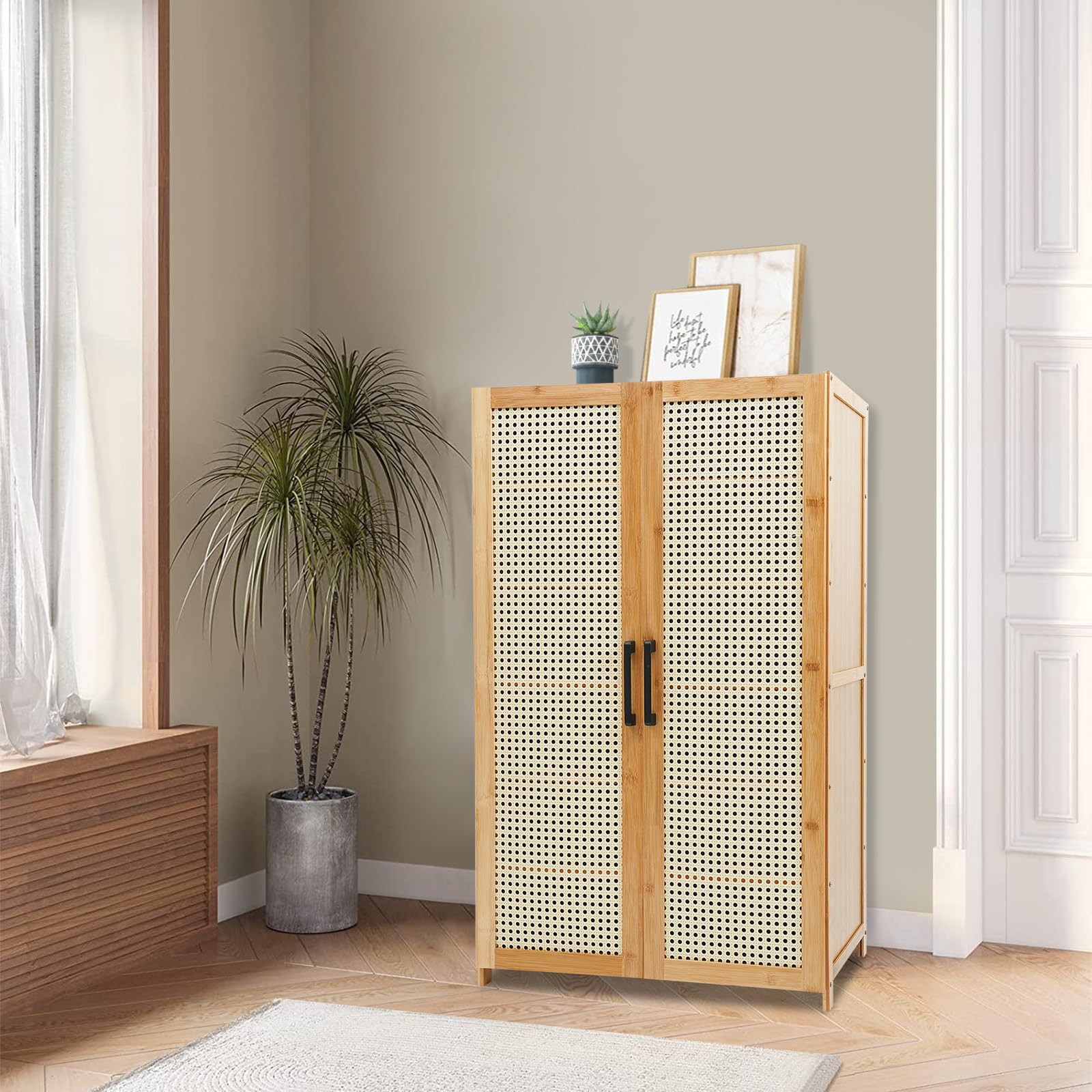Scarpiera a 6 ripiani in bambù con ante e ventilazione, scarpiera salvaspazio per 18-24 paia di scarpe, moderna organizer per corridoio, camera da letto e guardaroba, 59 x 33 x 100 cm