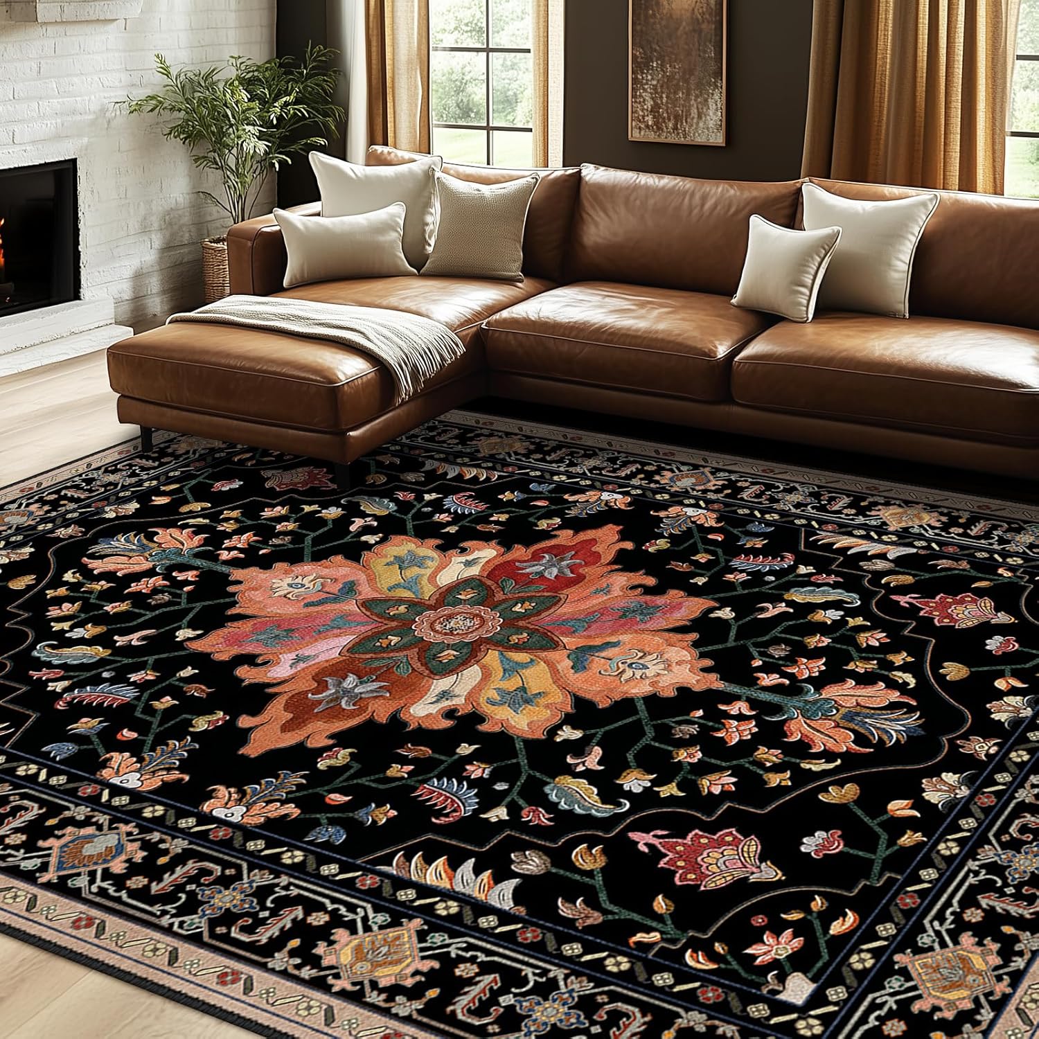 Area Rugs 8'x10' Washable Non-Slip, Floral Vintage Distress Print Pattern Medallion Carpet for Living Room Bedroom Dining Room, Black Colorful Floral Dark Tan Black/Colorful 8' x 10' (Rectangular)