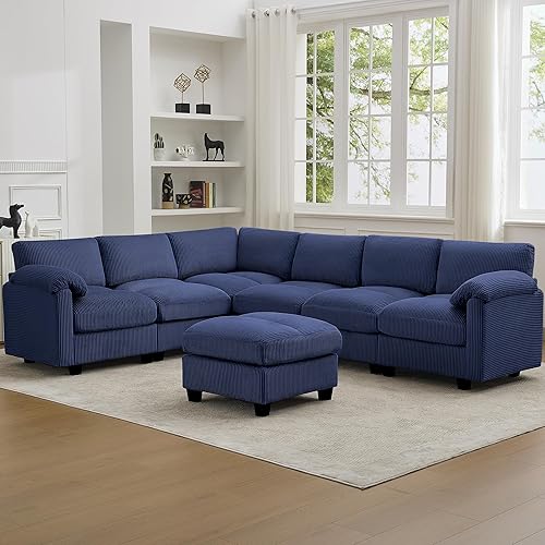 Miniatura 11 de Sofá nube seccional en forma de V de 114 pulgadas con otomana, sofás modulares de 7 plazas para sala de estar, sofá de pana de gran tamaño con