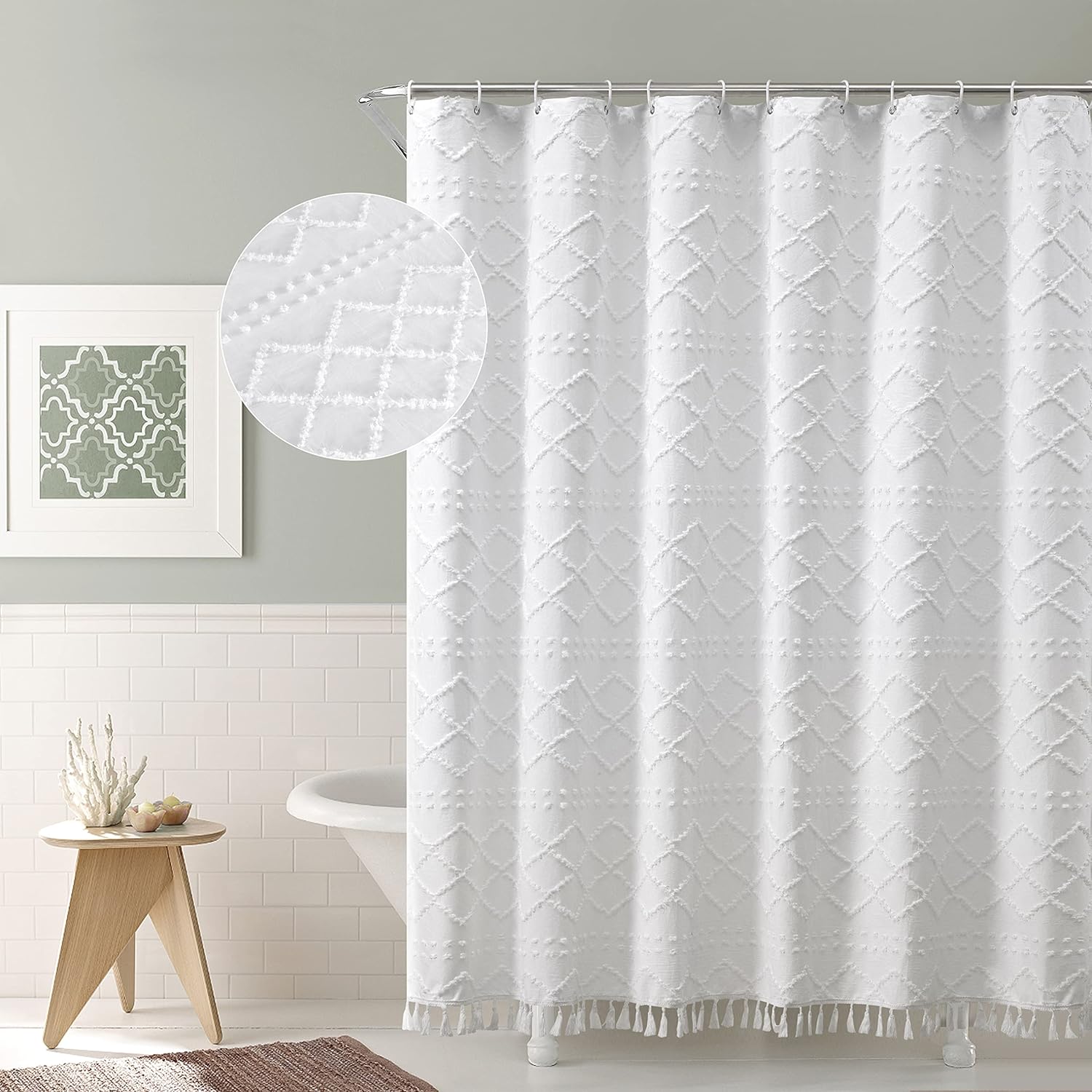 Amazon.com: Boho White Woven Fabric Shower Curtain with Tassels 60 x 72 ...