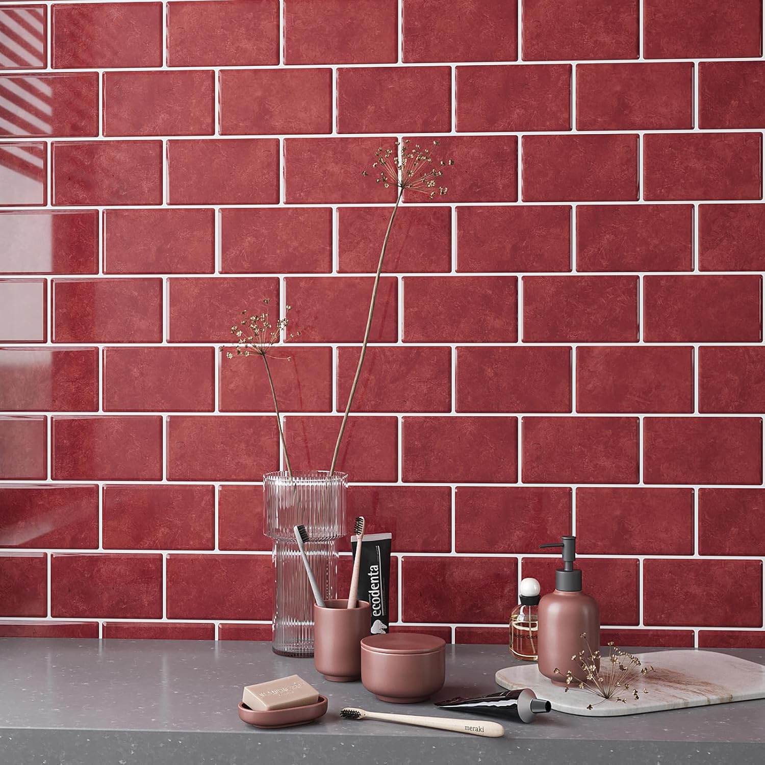 VEELIKE 12 Sheet Retro Red Peel and Stick Backsplash for Kitchen Subway Tile Backsplash Peel and Stick for Kitchen Wall Bathroom Waterproof Removable Red Ceramic Tile Sticker for Backsplash 12''x12''