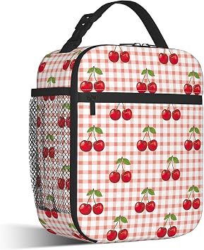 Red Cherry Fruit Lunch Box for Men,Pink White Checkered Lightweight Reusable Lunch Bag for Girls Boys,Portable Insulated Small Cooler Bag for Picnic,Travel,School,Office