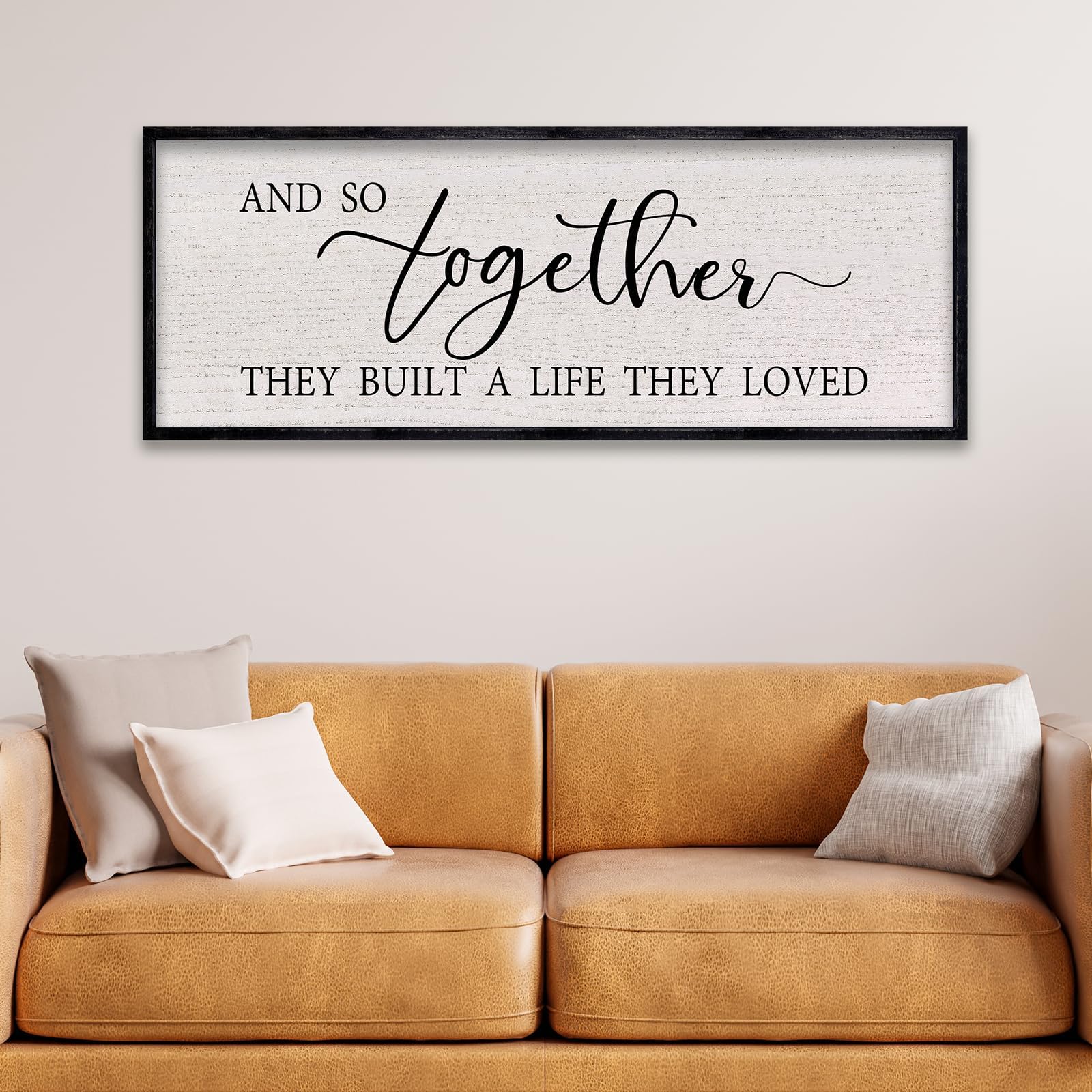 LuZhiQiang And So Together They Built A Life They Loved Farmhouse Wall Decor 40"x15" Rustic Master Bedroom Romantic Sign Large Wood Framed for Above Over Bed Couples Hanging Wall Art (Black)