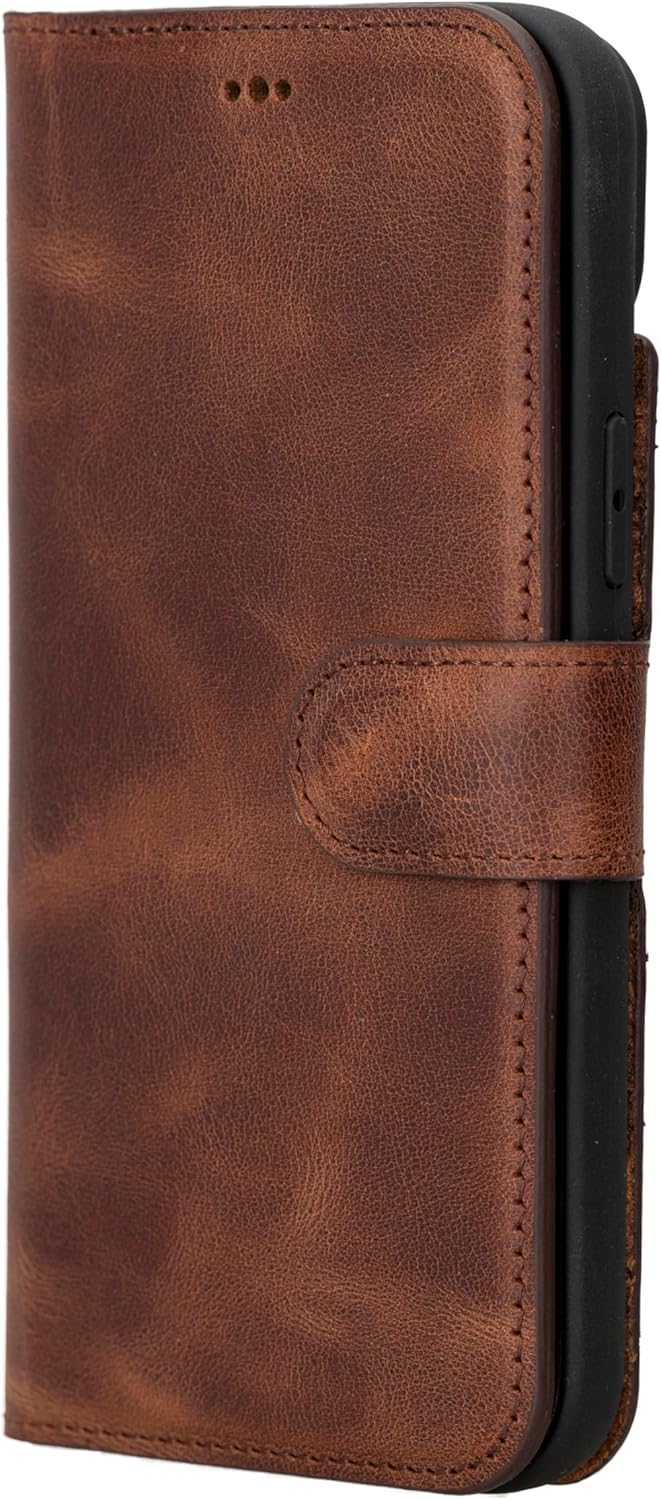 HARDISTON Genuine Leather Custom Wallet Case Compatible with iPhone 15 Plus - MagSafe Compatible - Detachable Magnetic Flip Cover with Card Holders - Horizontal Kickstand (Brown)