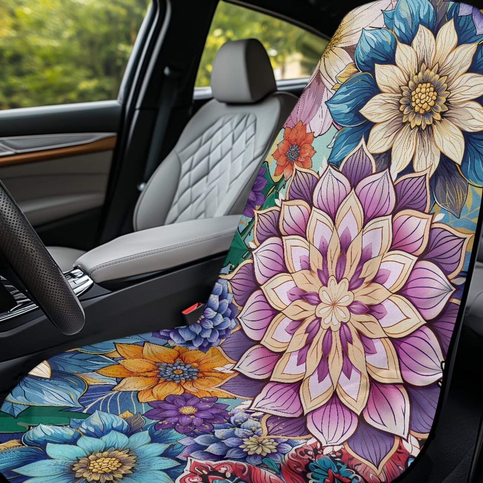 Dreaweet Boho Floral Towel Car Seat Covers for Women 1 Pack Car Seat Towel Protector,Great for Gym Workout Beach,Universal Fit for SUV Van Truck Sedan,Sweatproof,Soft,Comfortable,Washable