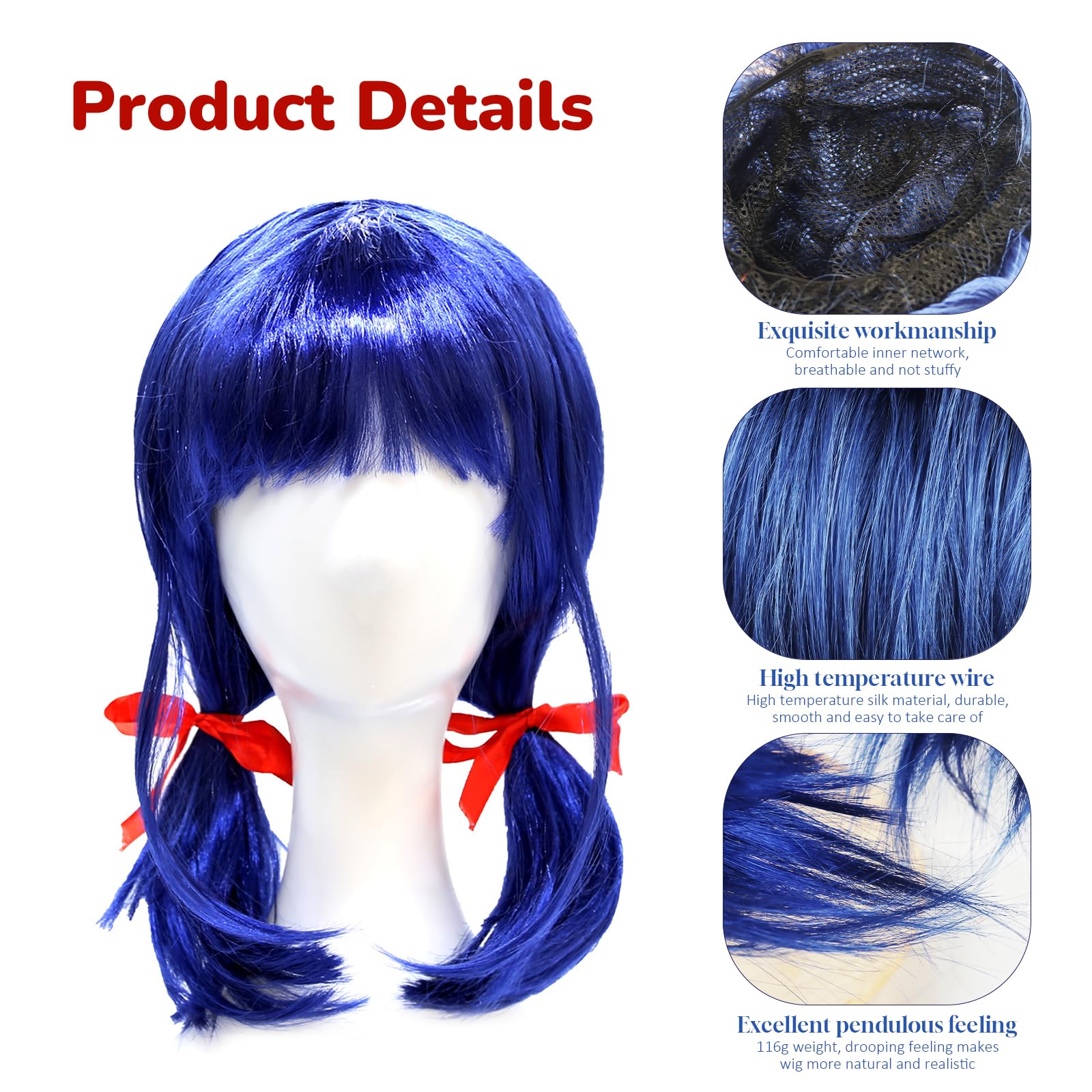 Perruque Ladybug Enfants, Courte Cosplay Bleue, Ladybird Filles avec Rubans Rouges, Perruque en Fibre Synthétique, Costume Carnaval Mascarade