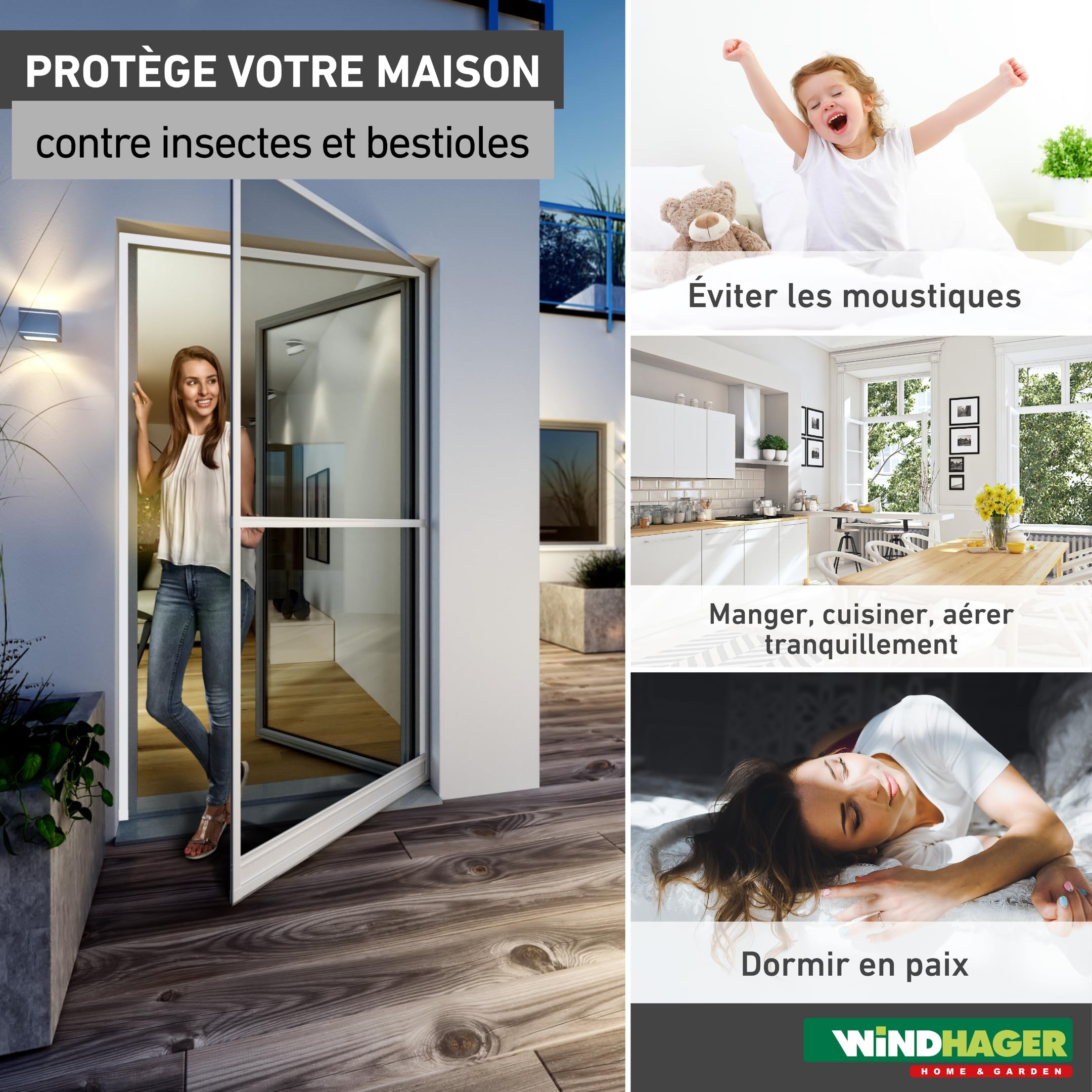 Windhager Moustiquaire Huisserie pour Porte Battante, Cadre de Protection Contre Les Insectes sans perçage pour fenêtres et Portes, 125 x 245 cm, Anthracite
