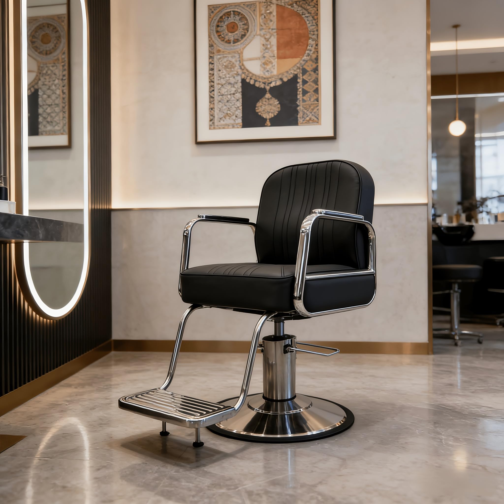 Sillón de peluquería hidráulico con estructura de acero inoxidable, tapizado con costuras verticales, reposapiés metálico, multifunción para barbería, salón de belleza, tatuaje y maquillaje
