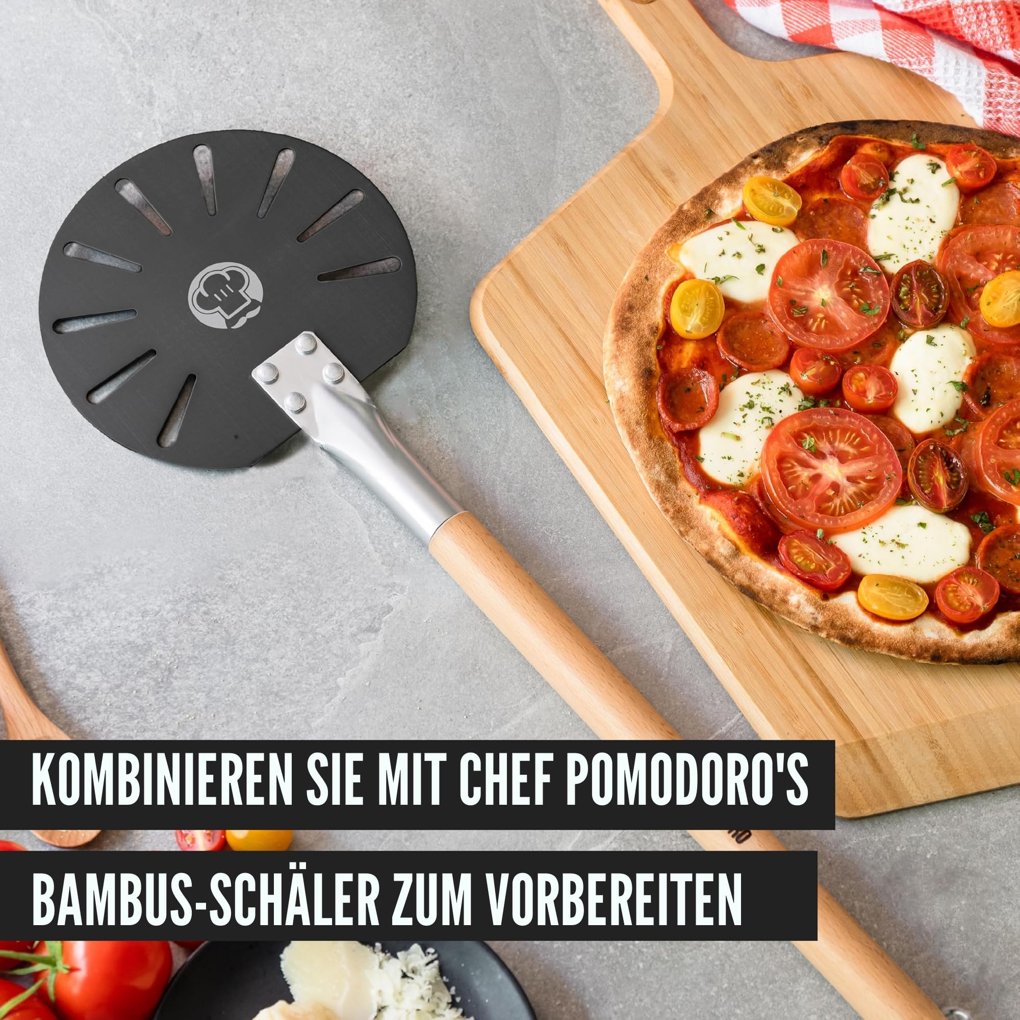 Chef Pomodoro Pizzaschieber – Pizzaschaufel – Pizza Schaufel Metall – Aluminium Pizzaschieber mit Holzgriff – Pizzaschieber für Pizzastein - Pizza Schaufel für den Grill & Backofen (17,8 cm)