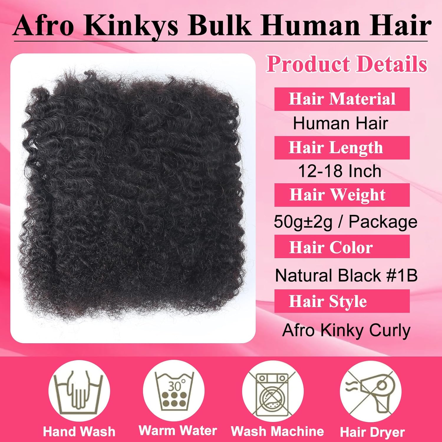 Afro Kinkys Bulk Human Hair for Braiding Afro Kinky-Curly Human Hair Bulk for Twist 12 Inch 50g/Bundle No Weft 4c Kinky Curly Bundles for Braids Micro Locs Dreadlock Extensions Natural Black