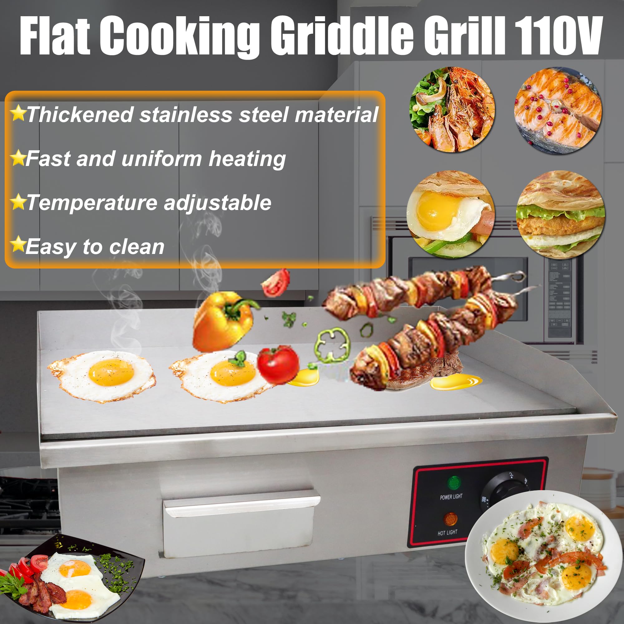 HQHAOTWU Electric Grill Griddle Camp Flat Cooking Griddle Grill Top Grill Hot Plate Stove Compact Stainless Steel Grill BBQ Plate Grill with Temperature Control For Outdoor or Indoor 110V 3KW
