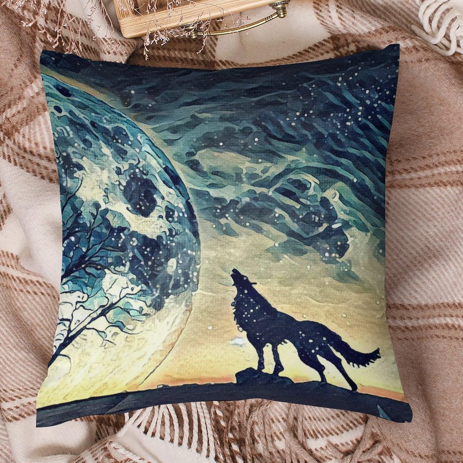 Federa Per Cuscino Decorativo 40x40 Cm, Lino E Cotone, Motivo Lupo E Drago Blu, Notte Lunare