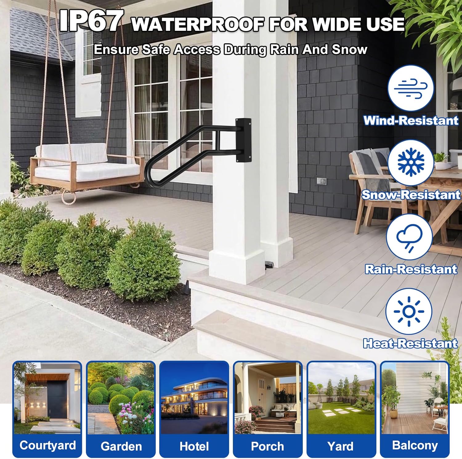 Jamb Mount Handrail for Outdoor Step-1-3 Step Waterproof Stairs Railing-Side Mount Deck Hand Rails for Elderly-Porch Railing-Staircase Grab Rail-U-Shape Safety Handle for Mobile Home/Short Stairway